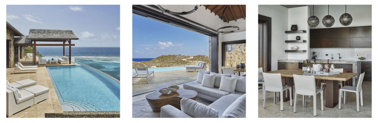 This coastal retreat boasts a luxurious villa with an infinity pool at the water's edge, a cozy open living area with stunning ocean views, and a modern dining space featuring pendant lights above a wooden table. The decor is elegant, blending neutral tones. Now on the market!.