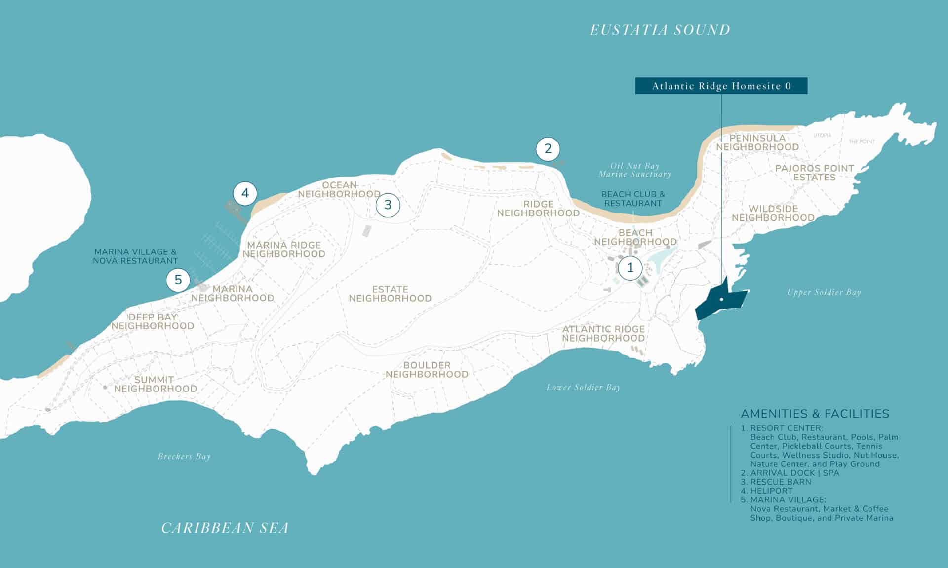 Map of Royal Estate, spread across several neighborhoods. Highlighted areas include Atlantic Ridge Homesite A0, Peninsula Neighborhood, Estate Neighborhood, and more. Various amenities are listed on the right side, and the map is bordered by Eustatia Sound and the Caribbean Sea.