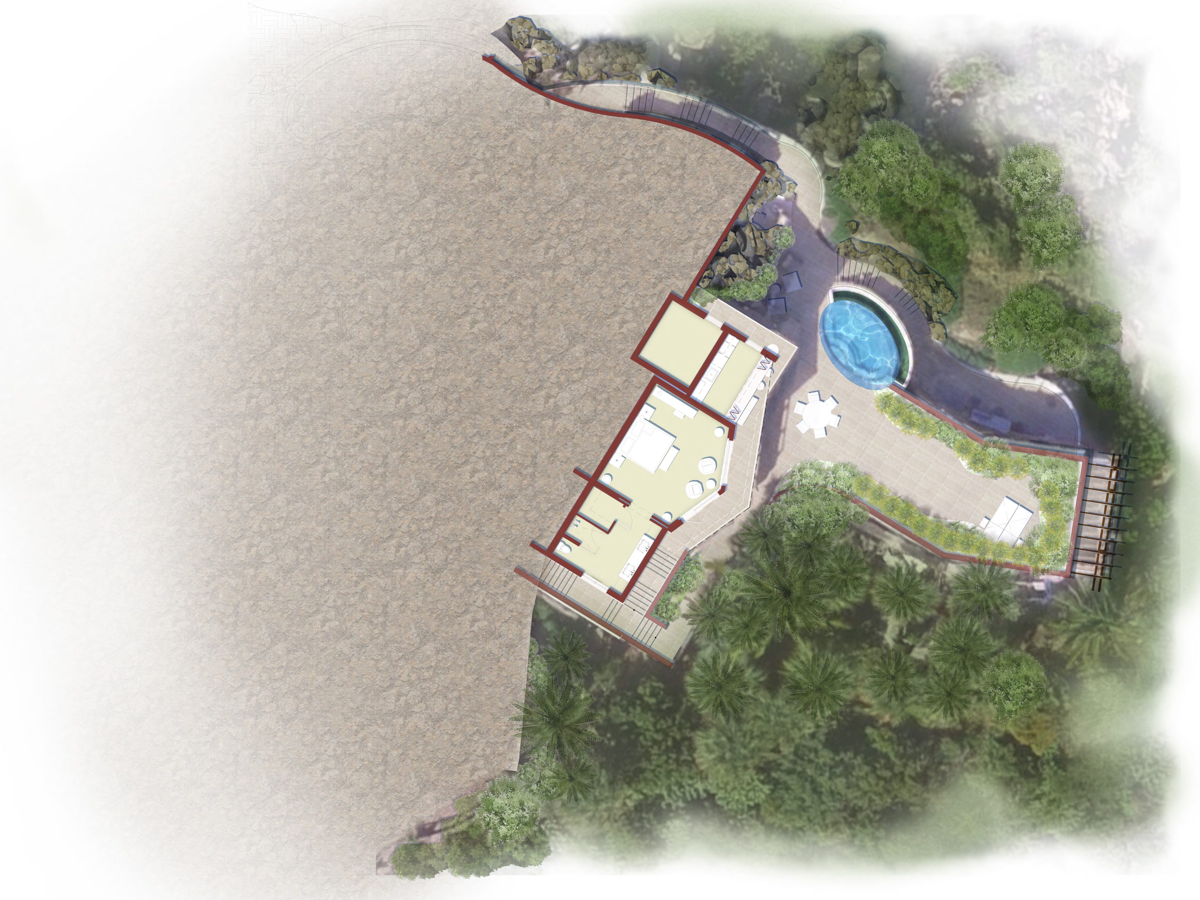 Illustrated top view of Compass Rose Villa, featuring a cabin-like structure near a beach or desert landscape. The villa has an adjacent patio area that includes a pool, shaded seating, and lush greenery surrounding the property on three sides.