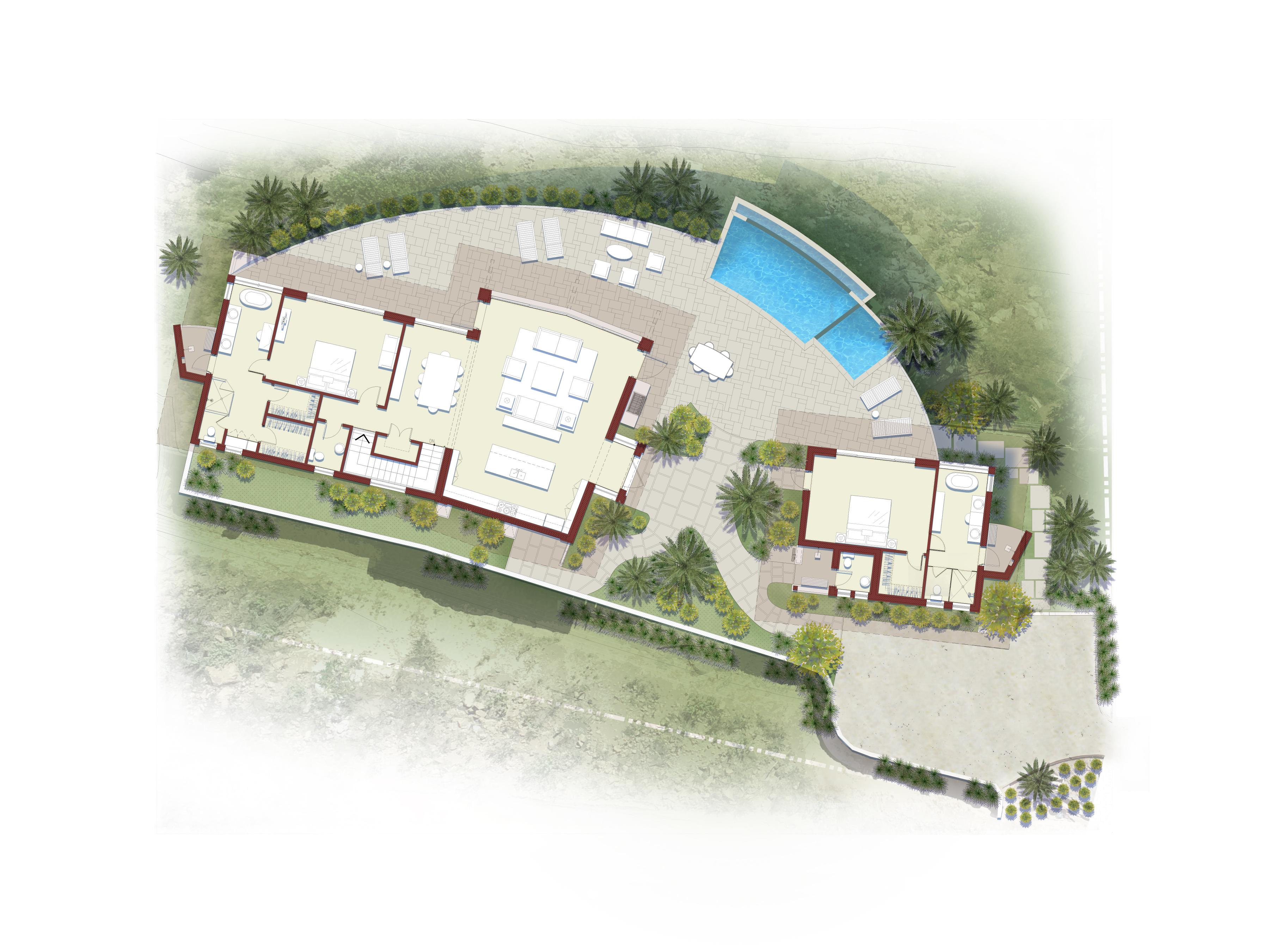 An aerial view architectural floor plan depicts an expansive, crescent-shaped villa with multiple rooms. The design features outdoor spaces, including a large rectangular swimming pool. Surrounding the structure is landscaped greenery and a paved driveway, perfect for attracting hummingbirds.