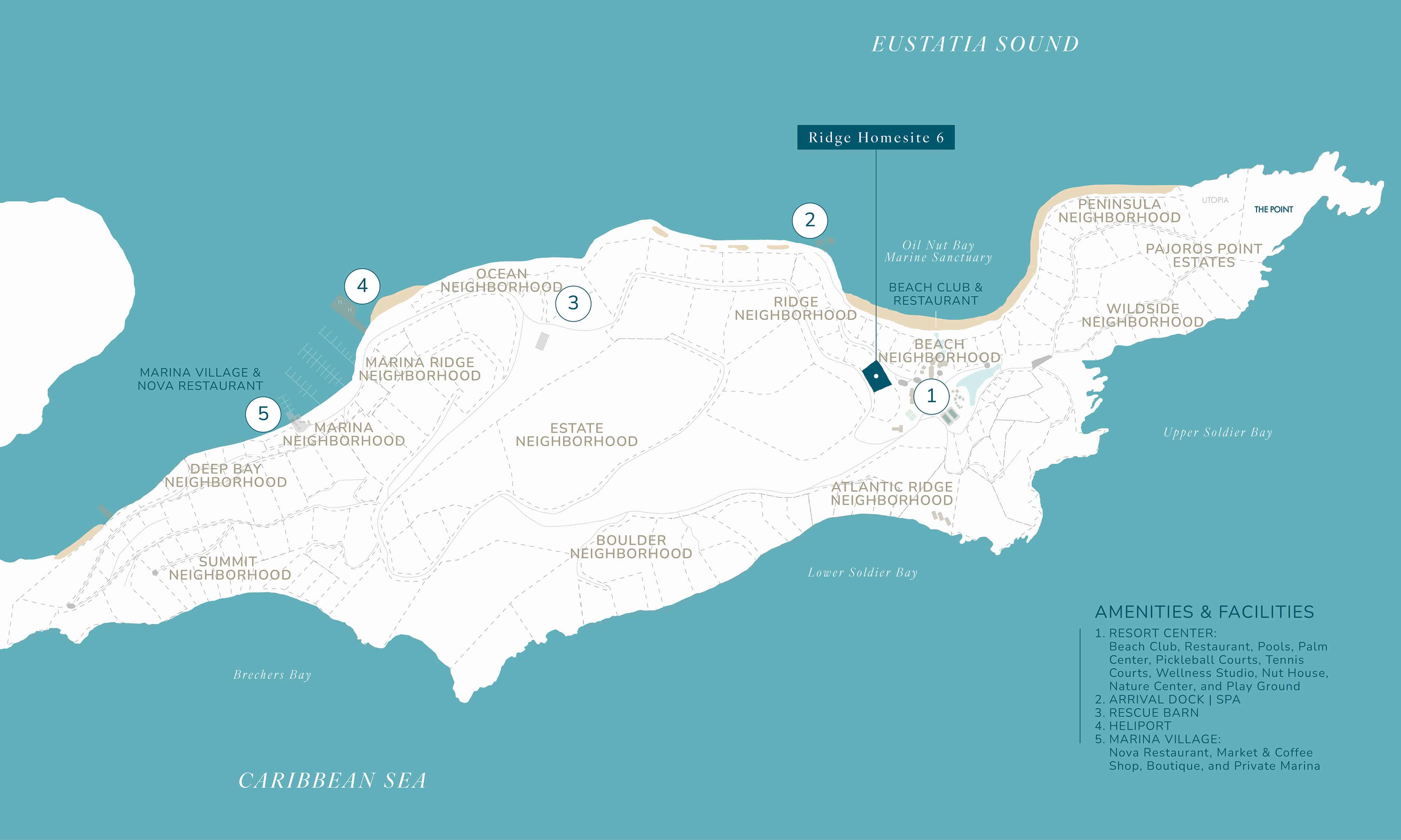 Map of a coastal area titled "Ridge Homesite 6 (R6)" with marked neighborhoods and amenities. Key locations include a beach club, restaurants, a studio, and various neighborhoods, all bordered by the Caribbean Sea to the south and Eustatia Sound to the northeast.
