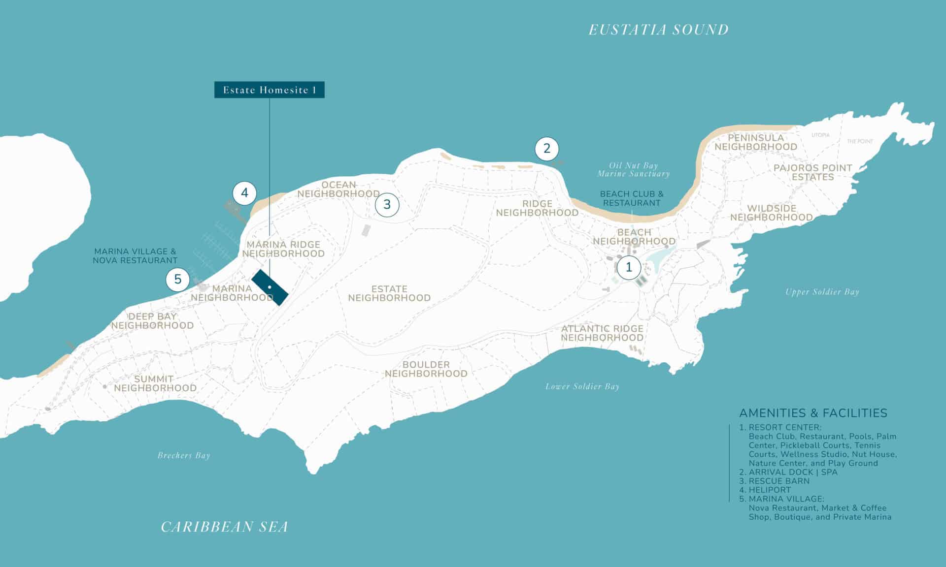 A graphic map of an island highlighting various neighborhoods and amenities. Key locations include Ocean Neighborhood, Farm Neighborhood, Estate Homes Neighborhood, and Marina Neighborhood. Features encompass a beach club, restaurants, spa, wellness studio, private marina, and the exclusive Homesite E1.