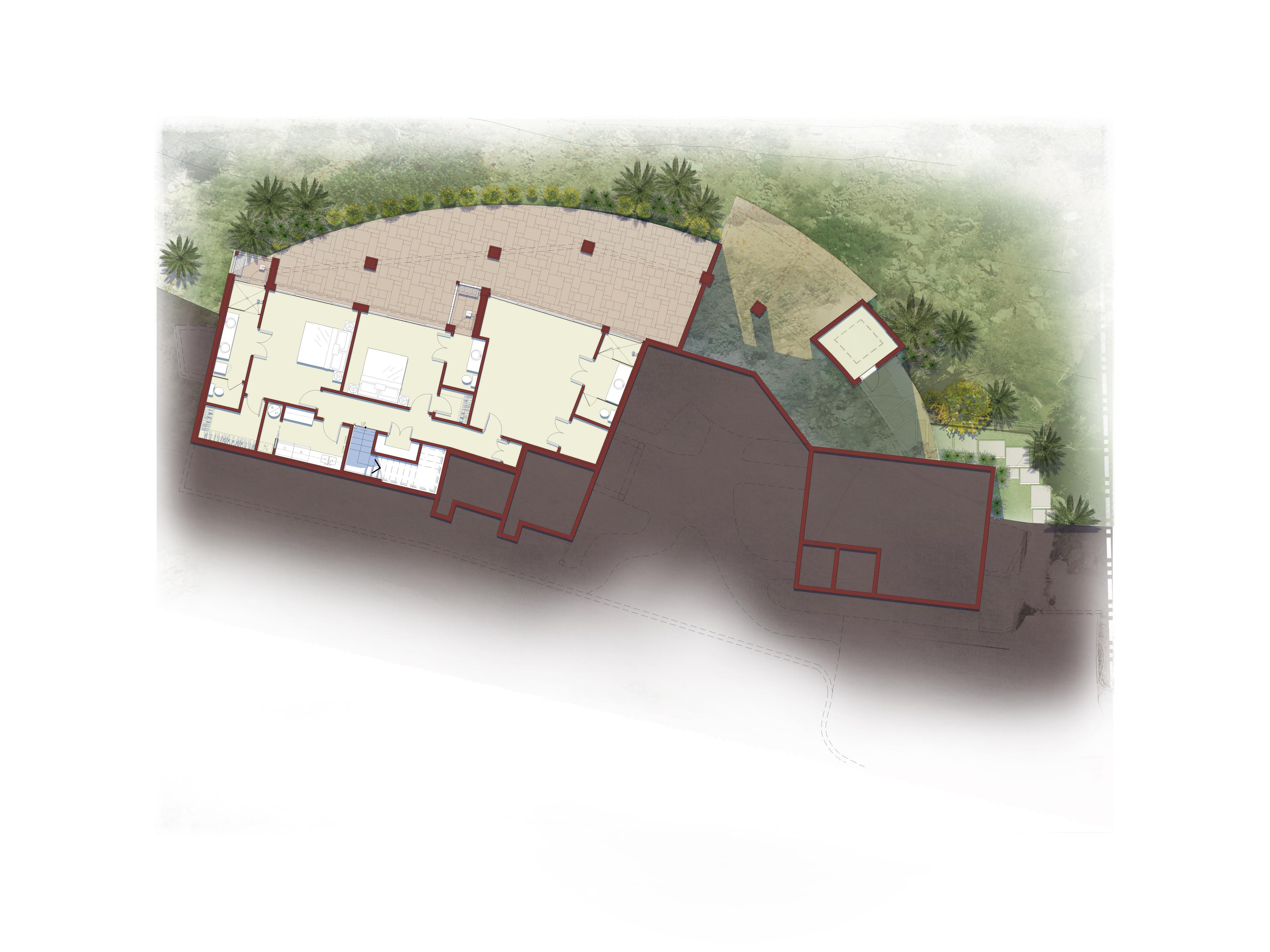 Architectural floor plan depicting a single-story villa with multiple rooms and outdoor areas. The layout includes various rooms arranged in an L-shape, with vegetation and patio spaces scattered around. The plan elegantly combines indoor and outdoor spaces, creating a haven where even a hummingbird might linger.