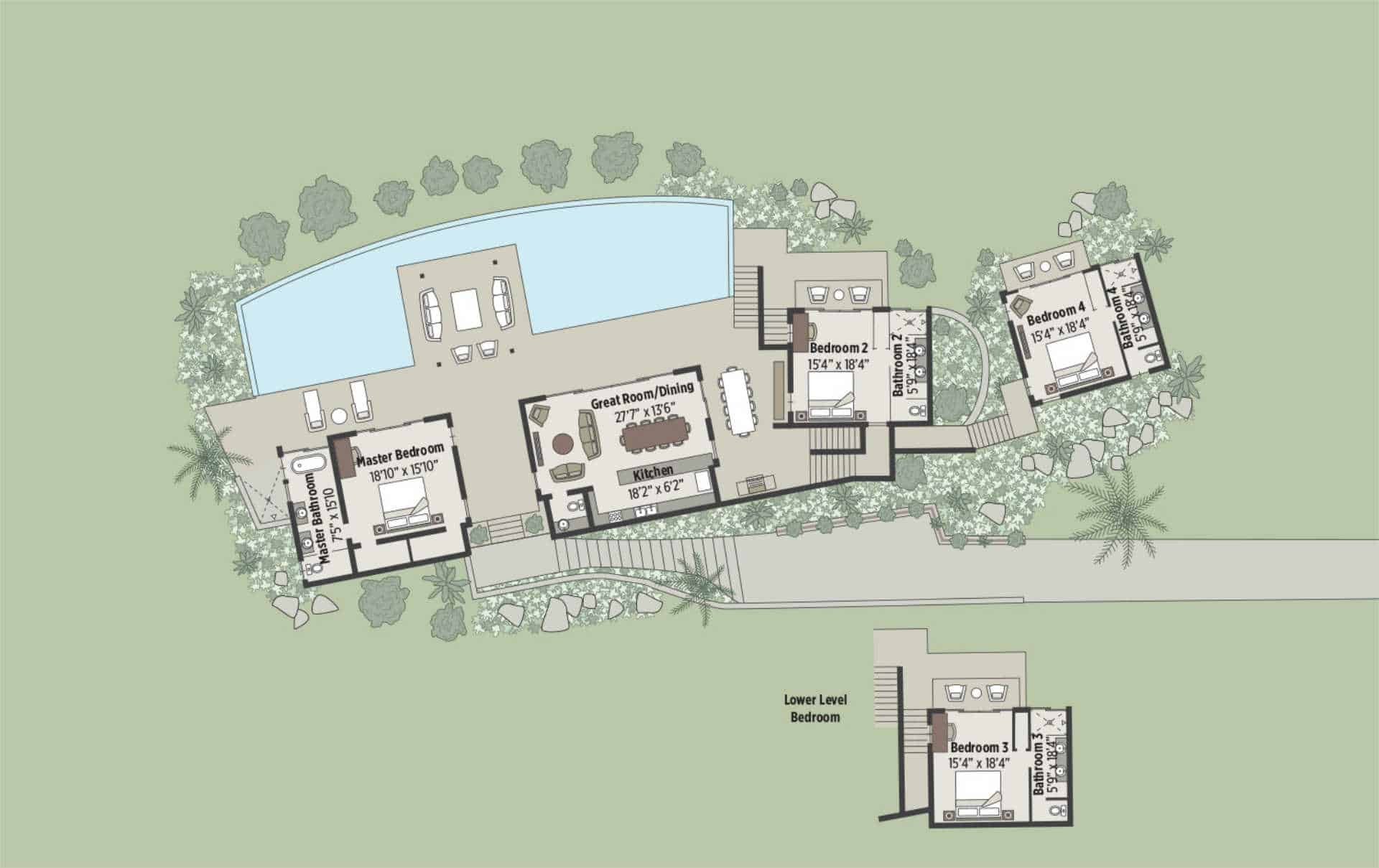 A top-view floor plan of a villa layout featuring an outdoor pool at the Water's Edge, a great room/dining area, kitchen, and four bedrooms. Three bedrooms are on the main level, including one with an ensuite bathroom. The lower level boasts an additional bedroom with its own bathroom.