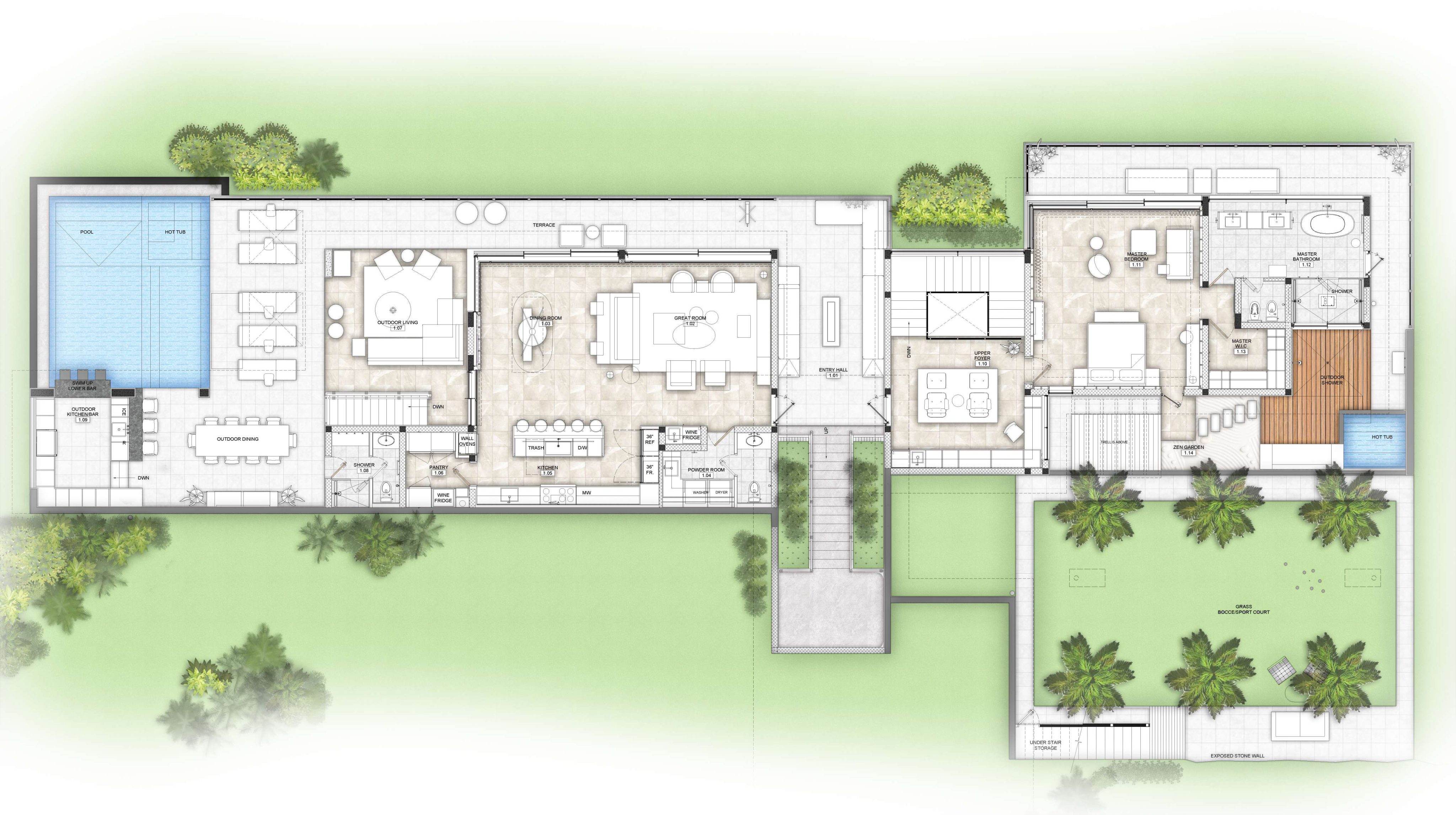 Architectural floor plan of a spacious modern villa featuring multiple sections. The layout includes a swimming pool, living areas, bedrooms, bathrooms, a kitchen, and outdoor spaces, all surrounded by greenery. Furniture placement and room dimensions are detailed.