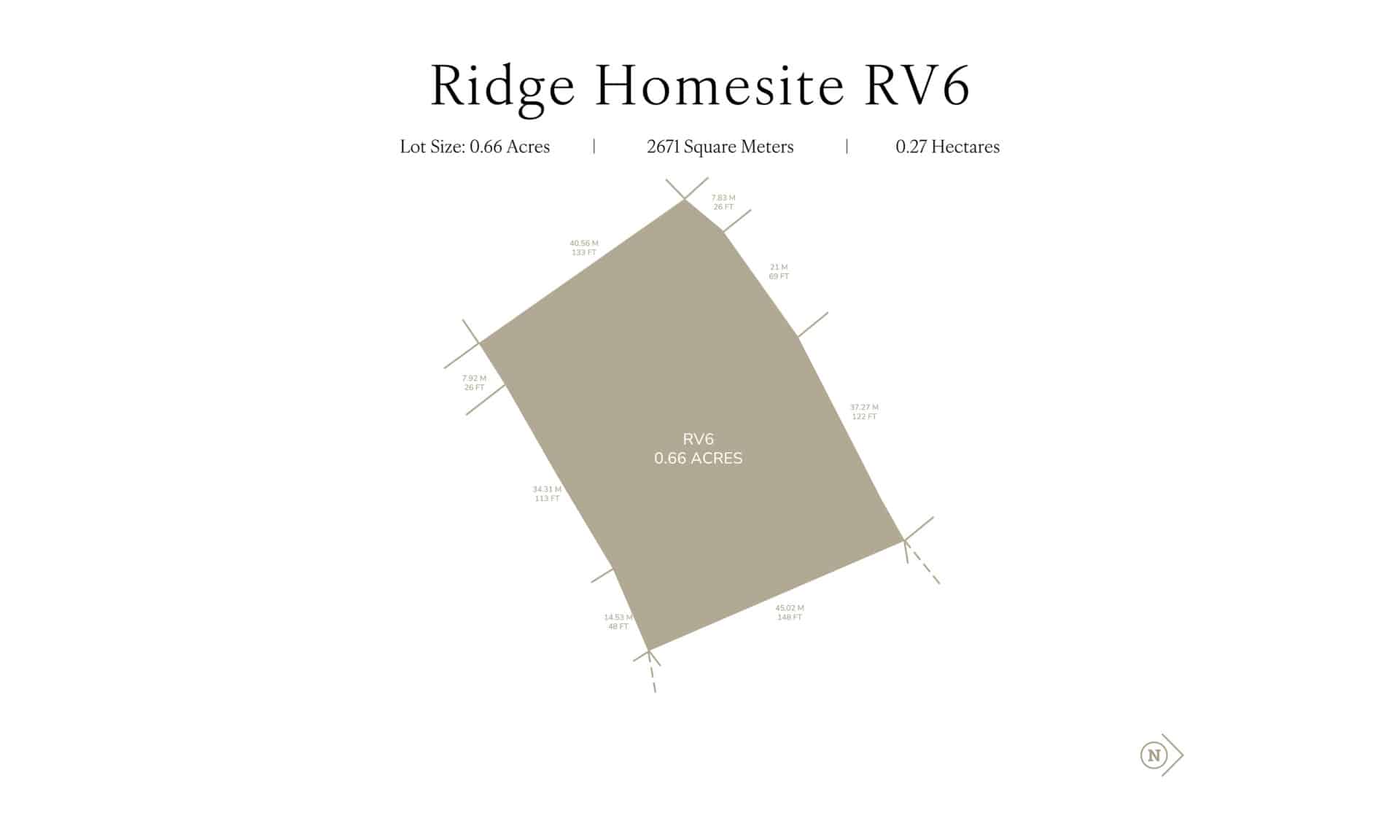Diagram showing Ridge Homesite R6 with a lot size of 0.66 acres, 2677 square meters, and 0.27 hectares. The diagram depicts the boundaries and dimensions of the lot in an irregular polygonal shape.