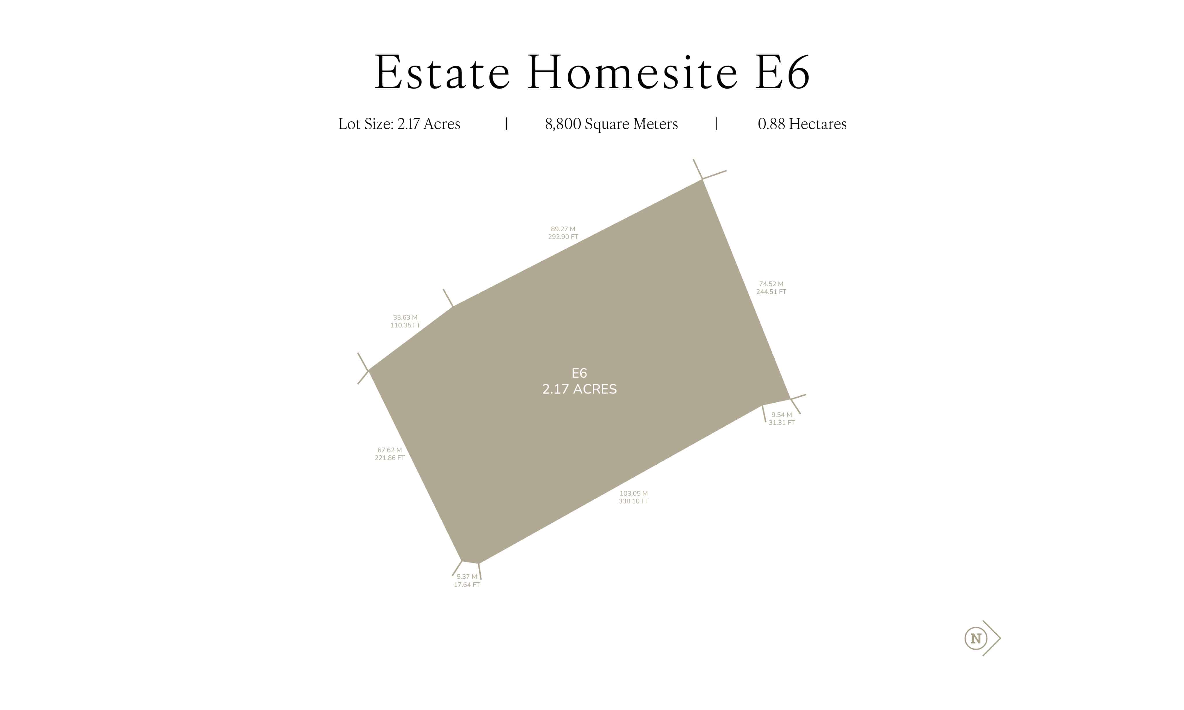 A map titled "Estate Homesite E6" depicts the property’s shape and dimensions. The lot size is 2.17 acres, equivalent to 8,800 square meters or 0.88 hectares, offering potential for a grand hotel or luxurious Reef House retreat.