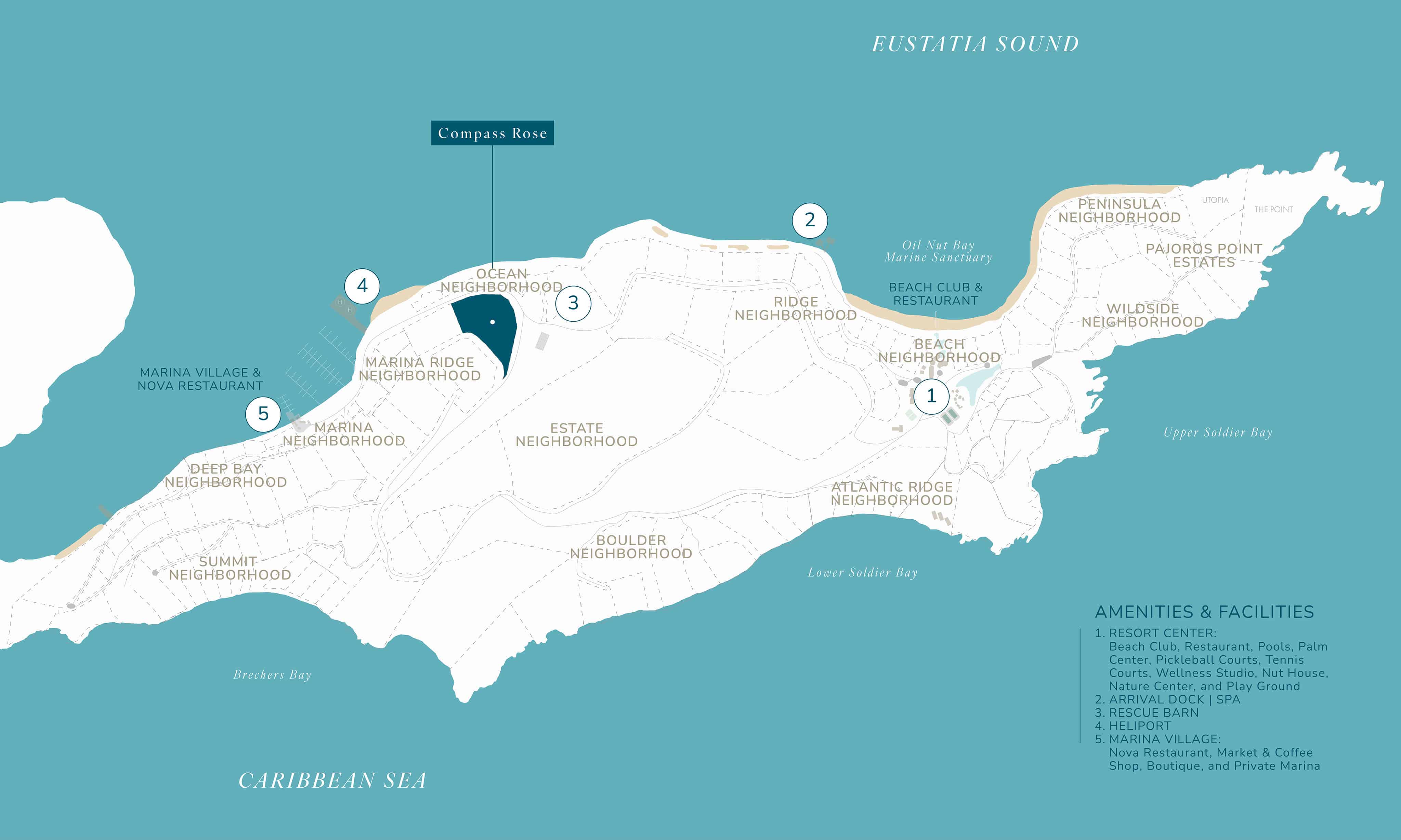 Map of a coastal region showing various neighborhoods and amenities. Notable areas include Ocean, Marina, Estate, Ridge, Boulder, and Peninsula neighborhoods. Amenities listed include resorts, clubs, Compass Rose Villa spas, beaches, parks, eco trails, and private marina.