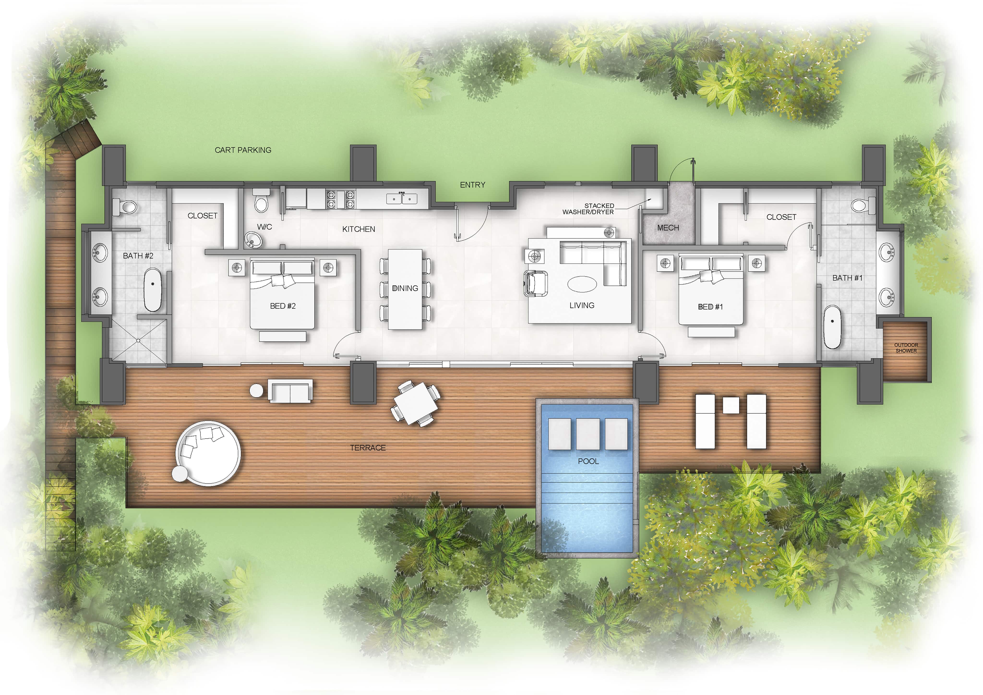 Architectural floor plan of the single-story modern Sea Sabella Villa. Layout includes two bedrooms, two bathrooms, kitchen, dining area, and living room. The exterior features a wooden terrace, round outdoor furniture, and a rectangular swimming pool surrounded by greenery.