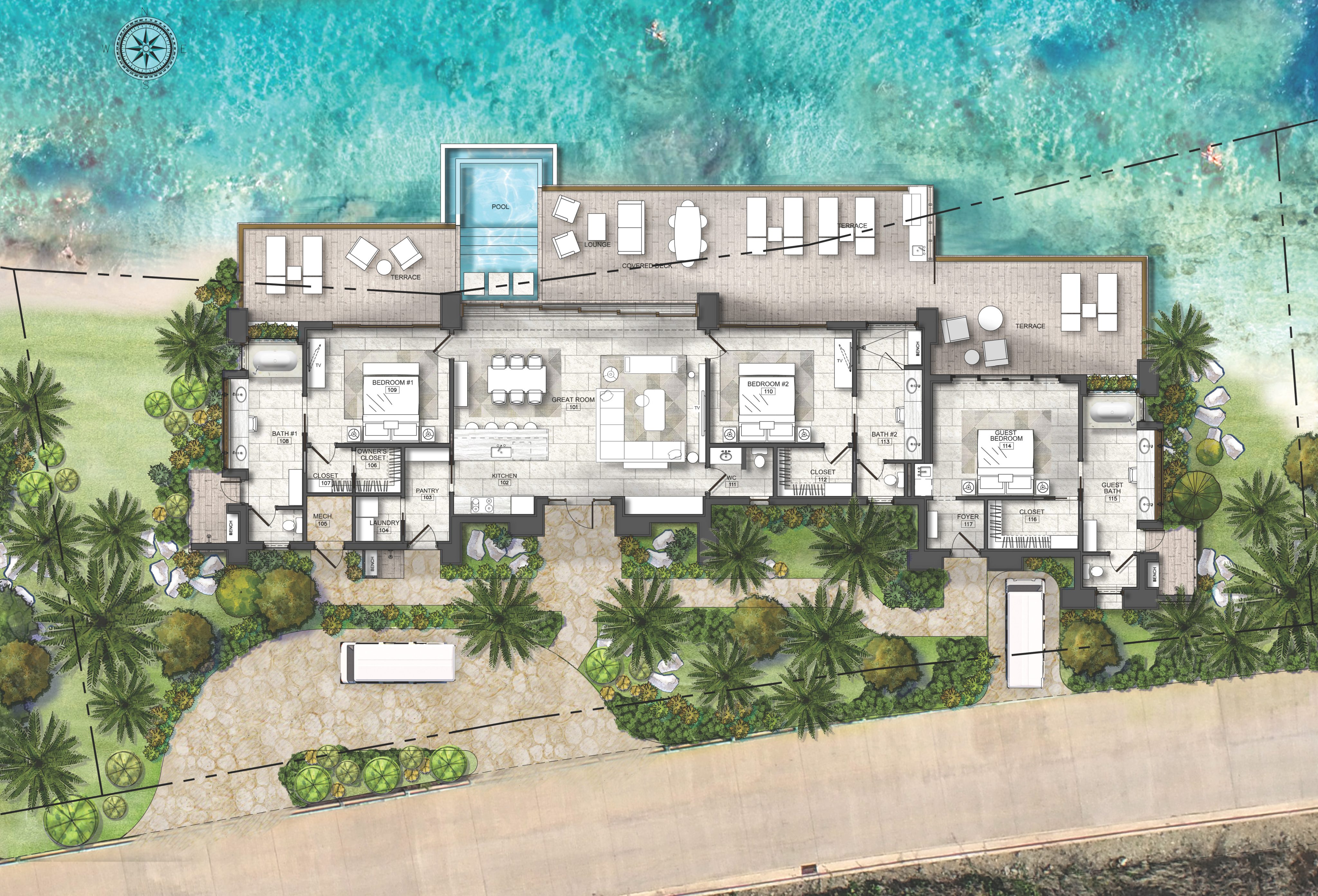 A detailed architectural floor plan of an Ocean Villa is shown, featuring several indoor rooms and outdoor areas. The layout includes multiple bedrooms, bathrooms, living spaces, a pool, and outdoor seating areas, all surrounded by lush greenery and adjacent to the beach.