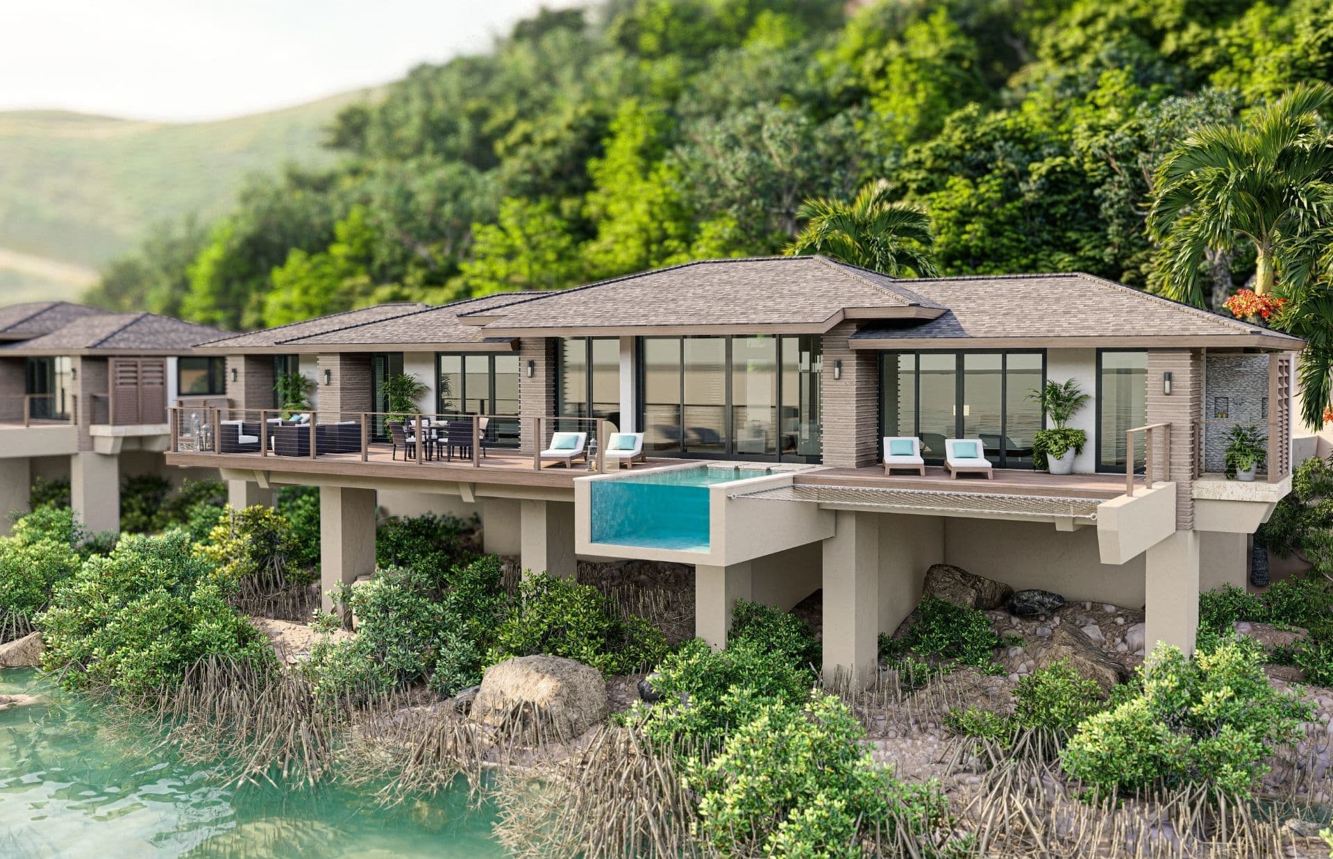 Luxurious overwater villa with a private pool, large glass windows, and a spacious deck area with seating and sun loungers, situated amidst lush greenery overlooking the serene waters of Oil Nut Bay.