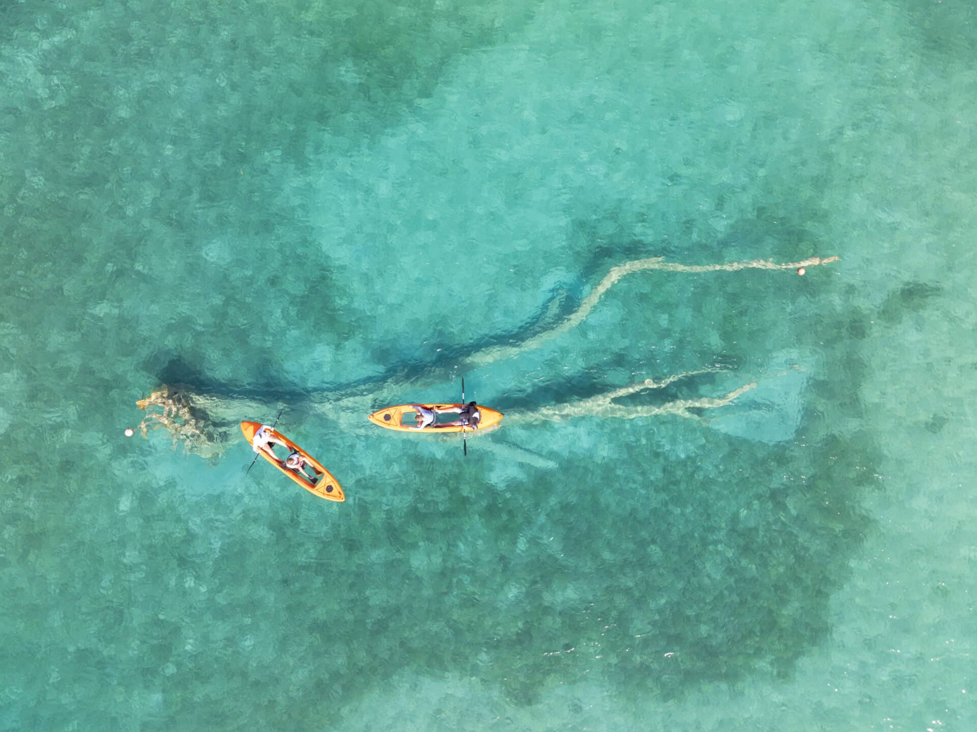 Two kayaks with people paddling in clear turquoise water, leaving trails behind. The aerial view shows ripples and currents beneath the surface, creating an abstract pattern. This unforgettable scene is both peaceful and picturesque, embodying the essence of Caribbean vacations.