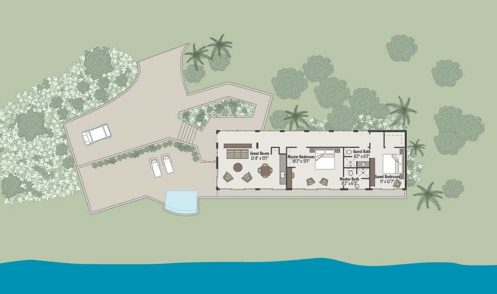 A top-view architectural plan of Sol Mate Villa, situated near a body of water. The design includes a parking area, pool, and landscaped surroundings. House interiors feature a great room, master bedroom, kitchen/dining area, pantry, bath, and a guest bedroom with an attached bath.