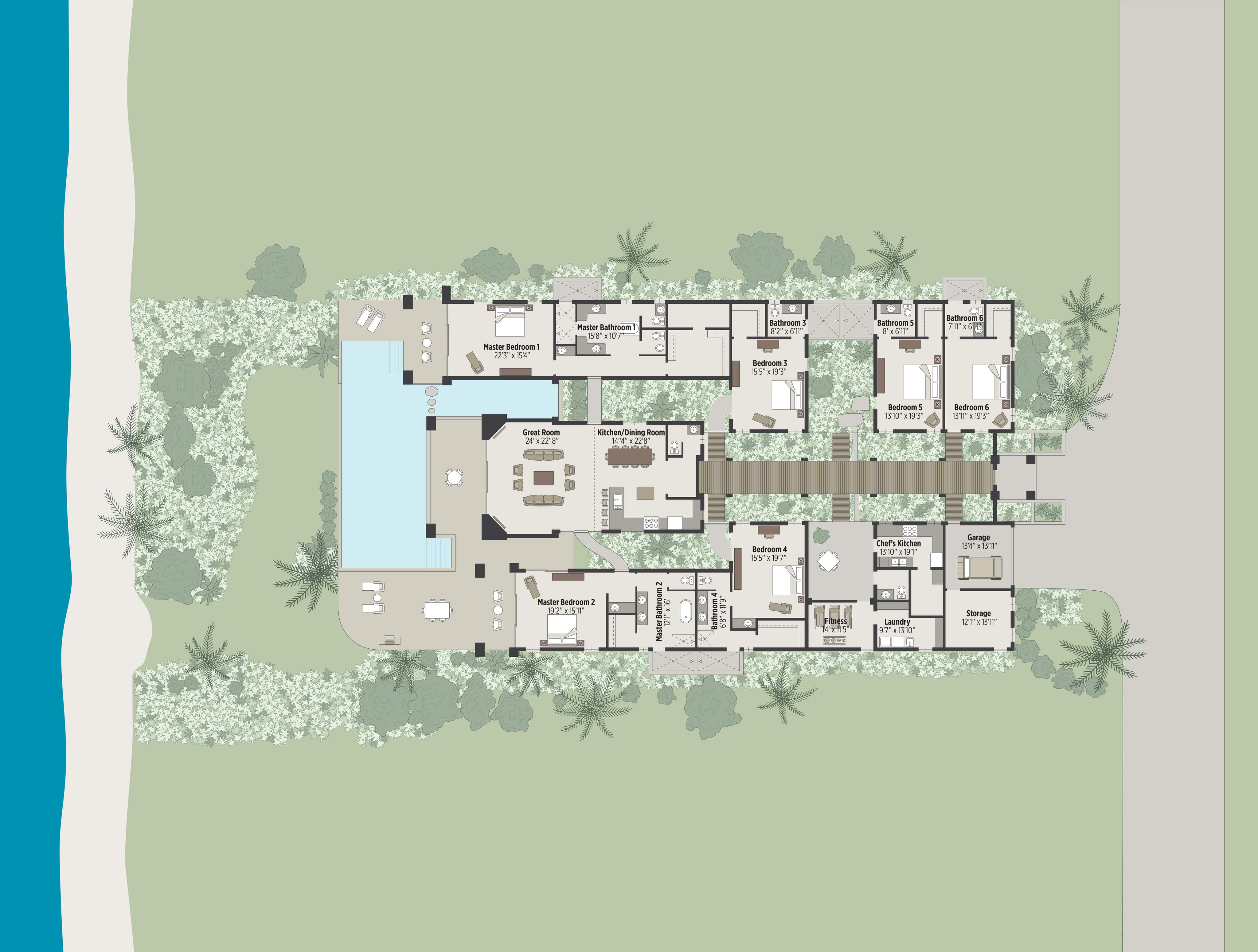 A detailed floor plan of Bella Beach Villa reveals a beachside residence with multiple bedrooms, bathrooms, common living areas, a kitchen, a dining area, and a swimming pool. The villa features outdoor living spaces and direct access to the beach on the left side.