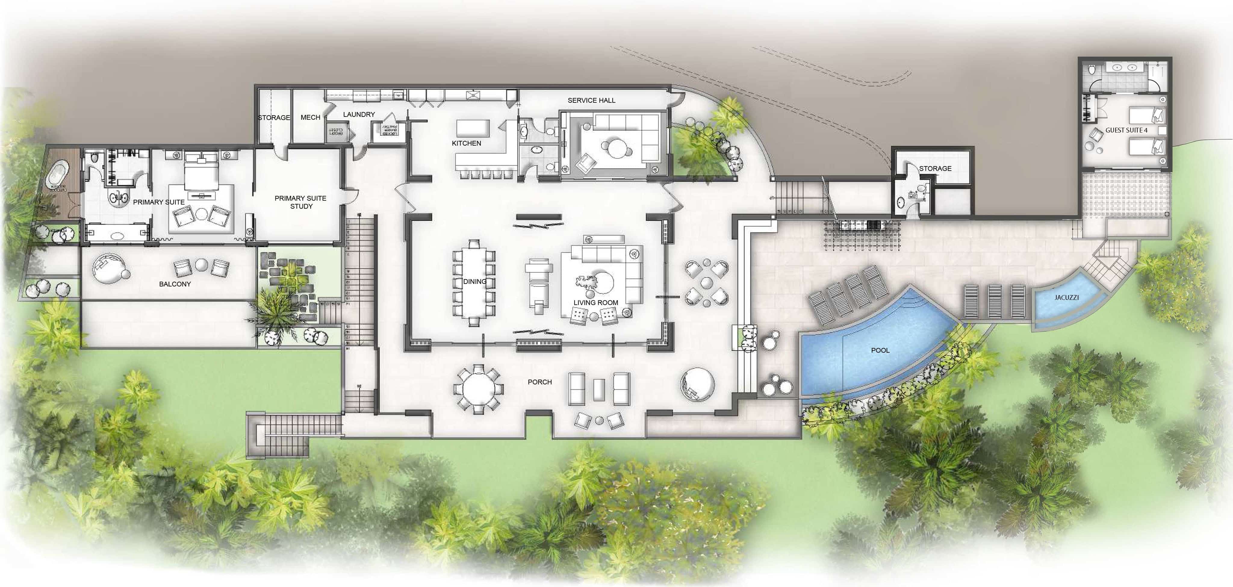 Architectural floor plan of Villa Maronti features a central kitchen, dining, and living area. Bedrooms and bathrooms are on the left, with a pool and patio on the right. A garage and service hall sit above, all surrounded by lush greenery.