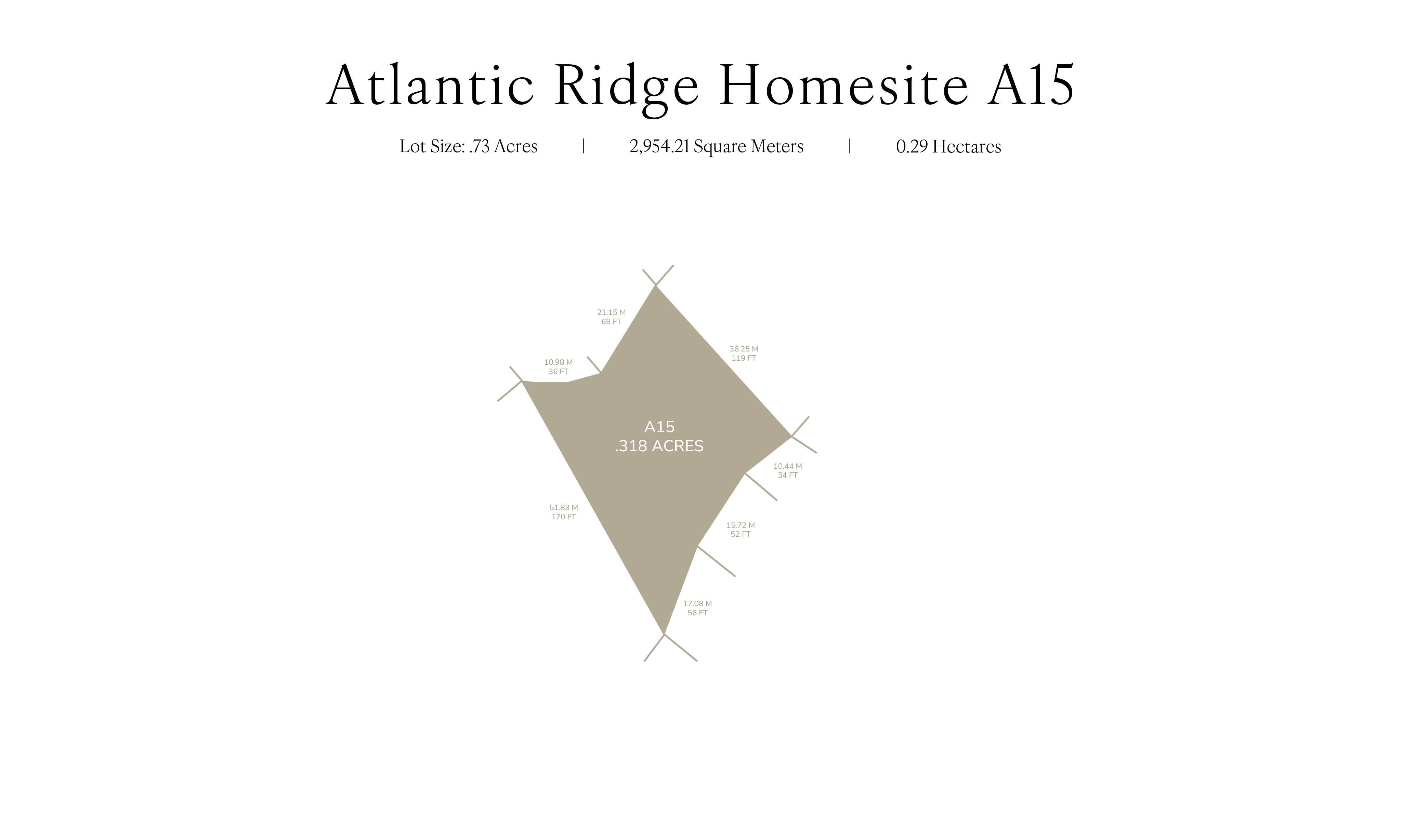 A map of Atlantic Ridge's Homesite A15. The lot size is 3.18 acres, 2,294.21 square meters, or 0.929 hectares. The diamond-shaped plot has side lengths and angles indicated: 330.99 ft, 308.64 ft, 308.53 ft, and 318.36 ft.