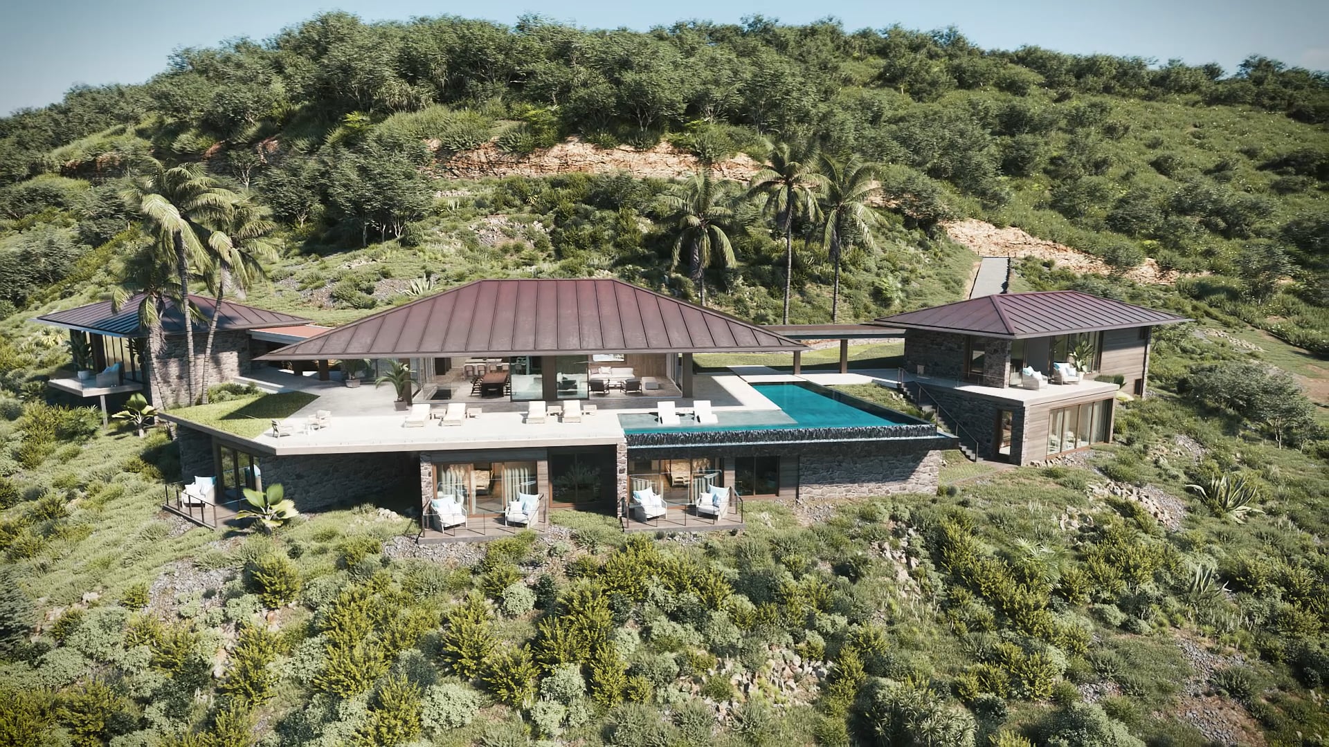 A modern, luxurious villa situated on a lush green hillside, part of the prestigious Estate Homesite E19. The property features multiple flat-roofed sections, large glass windows, and an infinity pool that blends seamlessly with the natural surroundings. Palms and dense foliage encircle the residence.