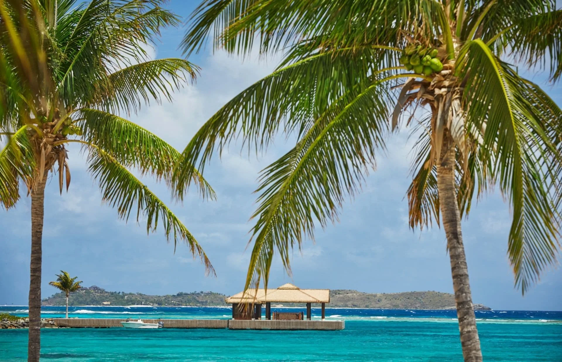 A tranquil seaside scene featuring a wooden pier with thatched-roof huts extending over turquoise waters near Fahie. Two tall palm trees frame the image, with distant hills and a partly cloudy sky in the background, reminiscent of the idyllic views seen when landing at Beef Island Airport.