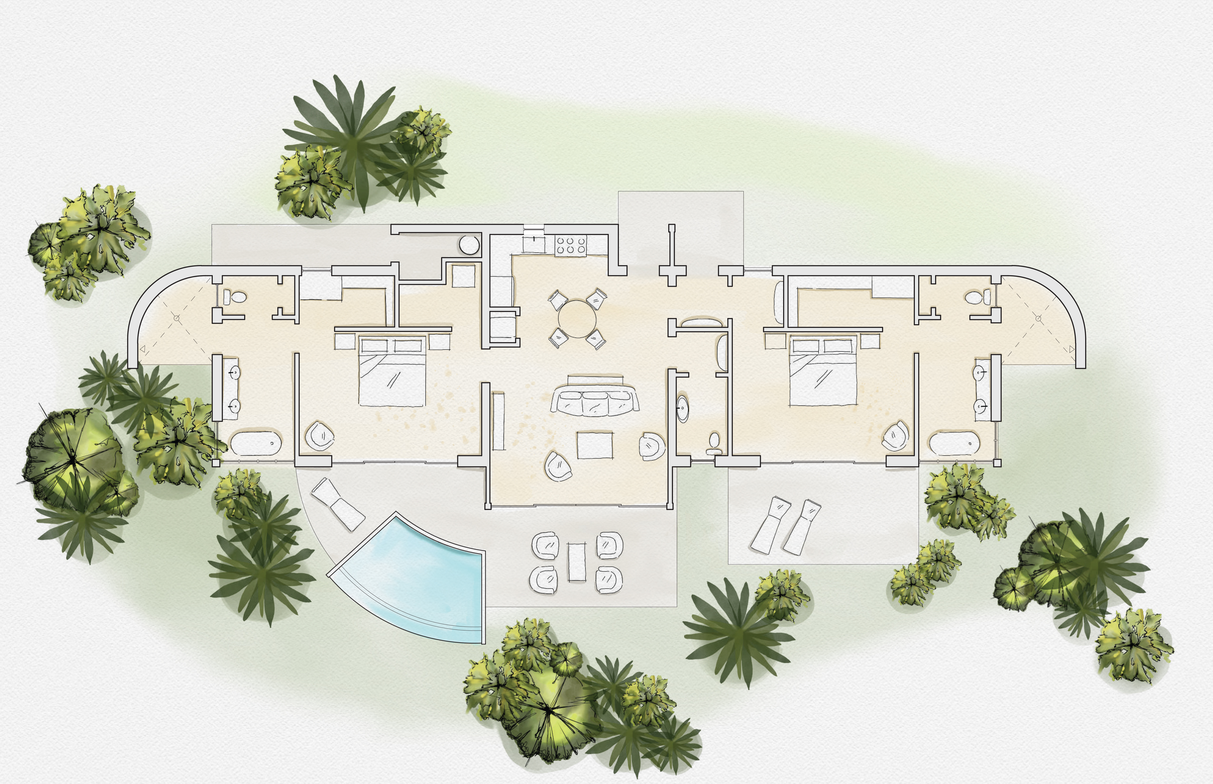 A detailed floor plan of a modern house in the Atlantic Ridge homesite, surrounded by greenery. The layout includes several rooms: a central living area, a kitchen, bedrooms, bathrooms, and a pool in the garden area. Outdoor seating and various trees and shrubs are depicted around the house.