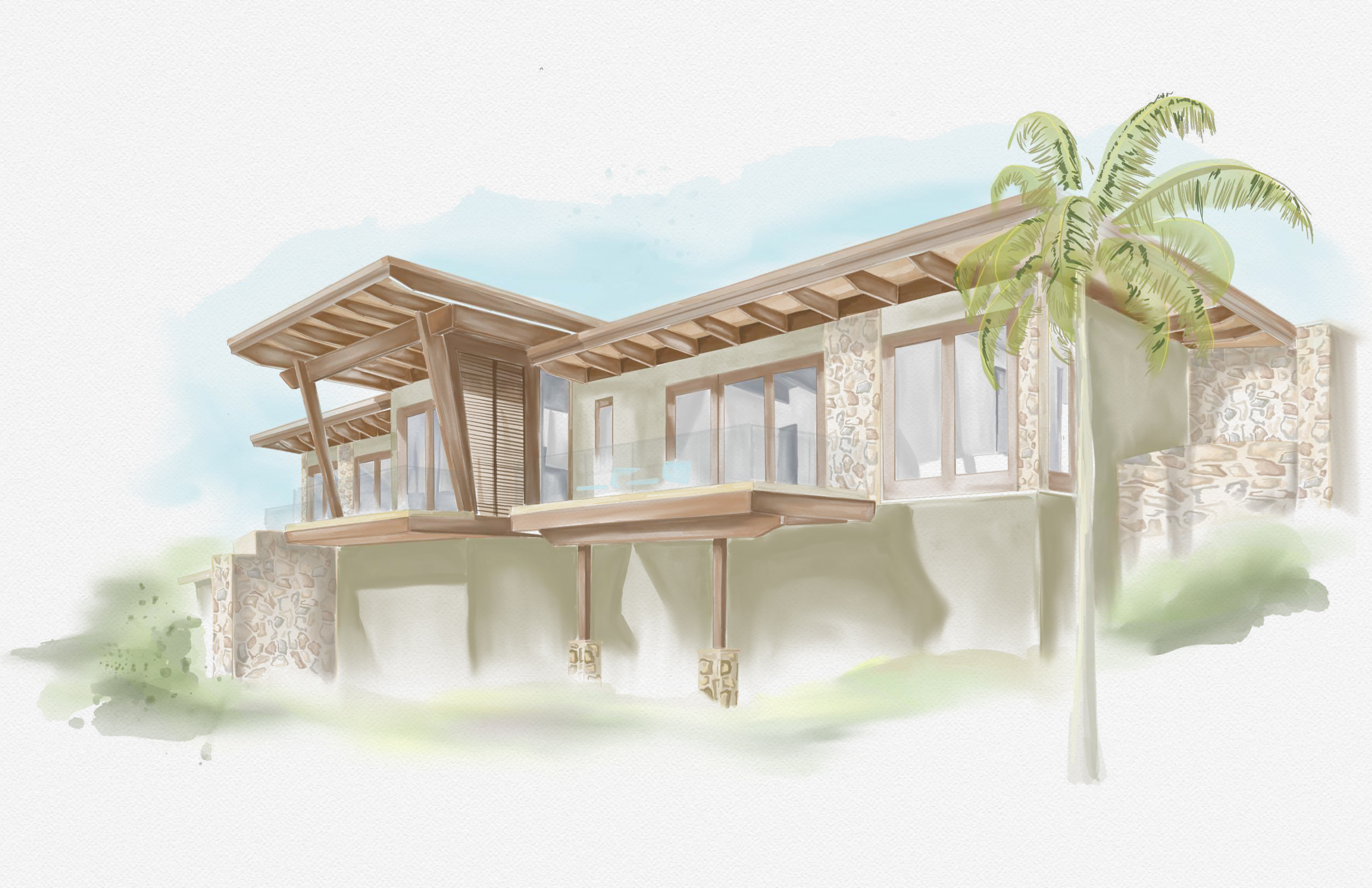An artistic rendering of Homesite A12, featuring a modern house with a natural stone facade, large windows, and wooden pergola-style accents. Set against a lightly painted blue sky with a single, slender palm tree on the right side, this Atlantic Ridge home boasts an overall soft and muted color scheme.