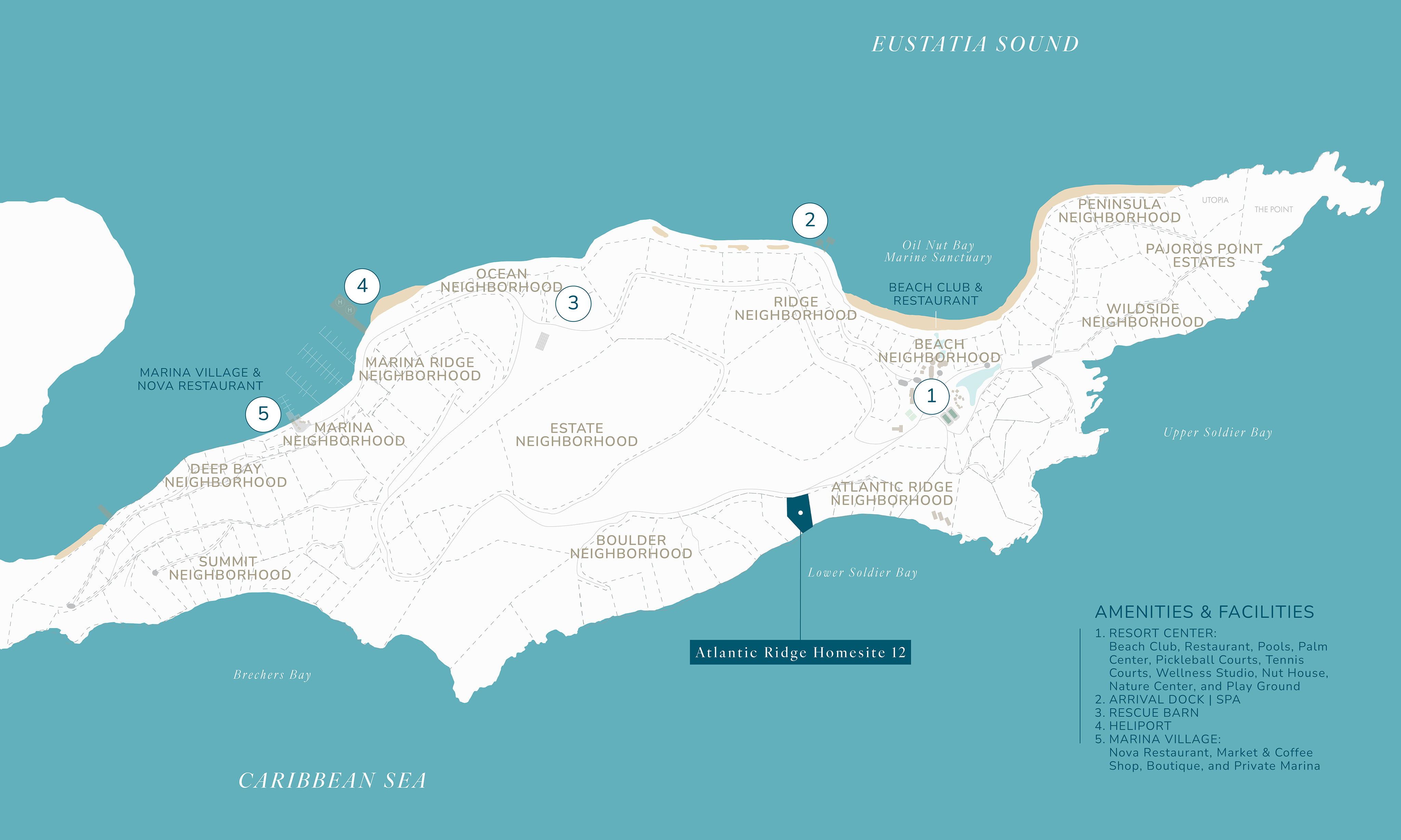 A map of a coastal area featuring several neighborhoods: Peninsula Neighborhood, Homesite Neighborhood, Beach Neighborhood, Atlantic Ridge Neighborhood, Estate Neighborhood, Ocean Neighborhood, and Marina Ridge Neighborhood. Locations such as Lever Soldier Bay, Marina Village & Resort, Broken Bay, and Eustatia Sound are also marked. Amenities listed include a marina, beach clubs, pools, parks, tennis & pickleball courts and dining locations