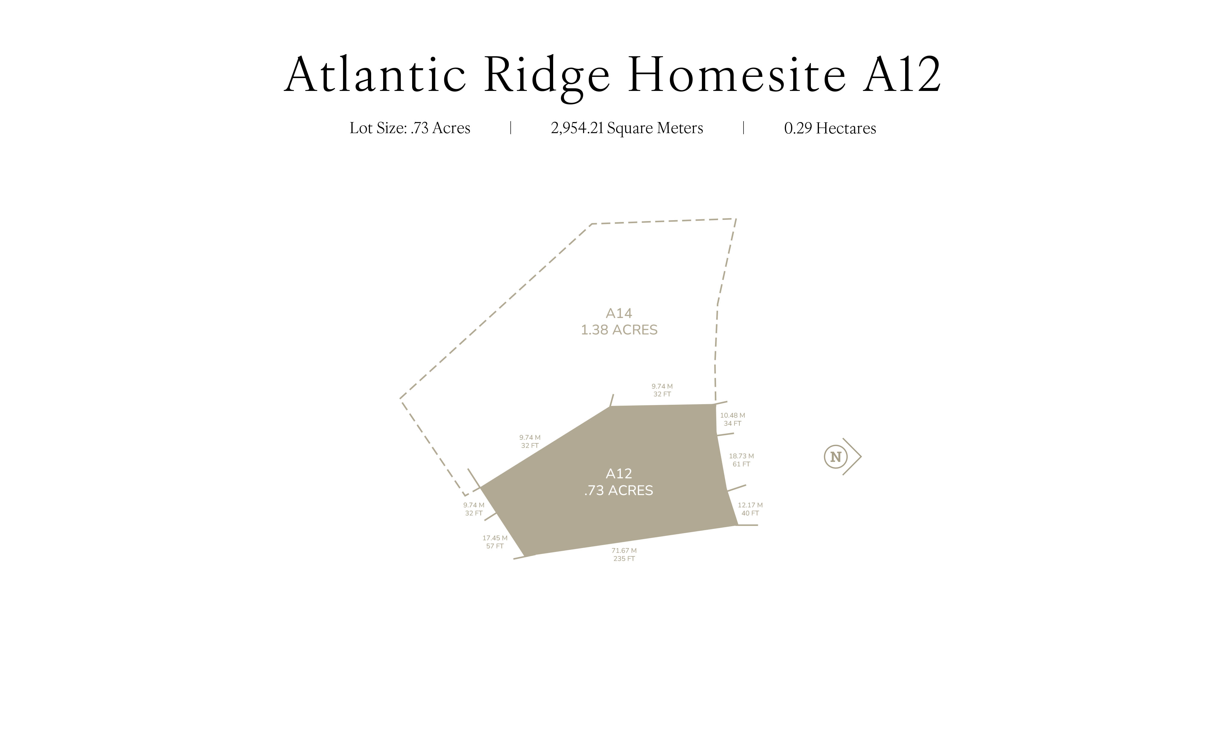 A map showing the outline and dimensions of Homesite A12 at Atlantic Ridge. The lot size is 0.73 acres, 2,946.21 square meters, or 0.29 hectares. Homesite A14 is adjacent, listed at 1.83 acres. Various angle and length measurements are noted along the borders of Homesite A12 for precise detailing.