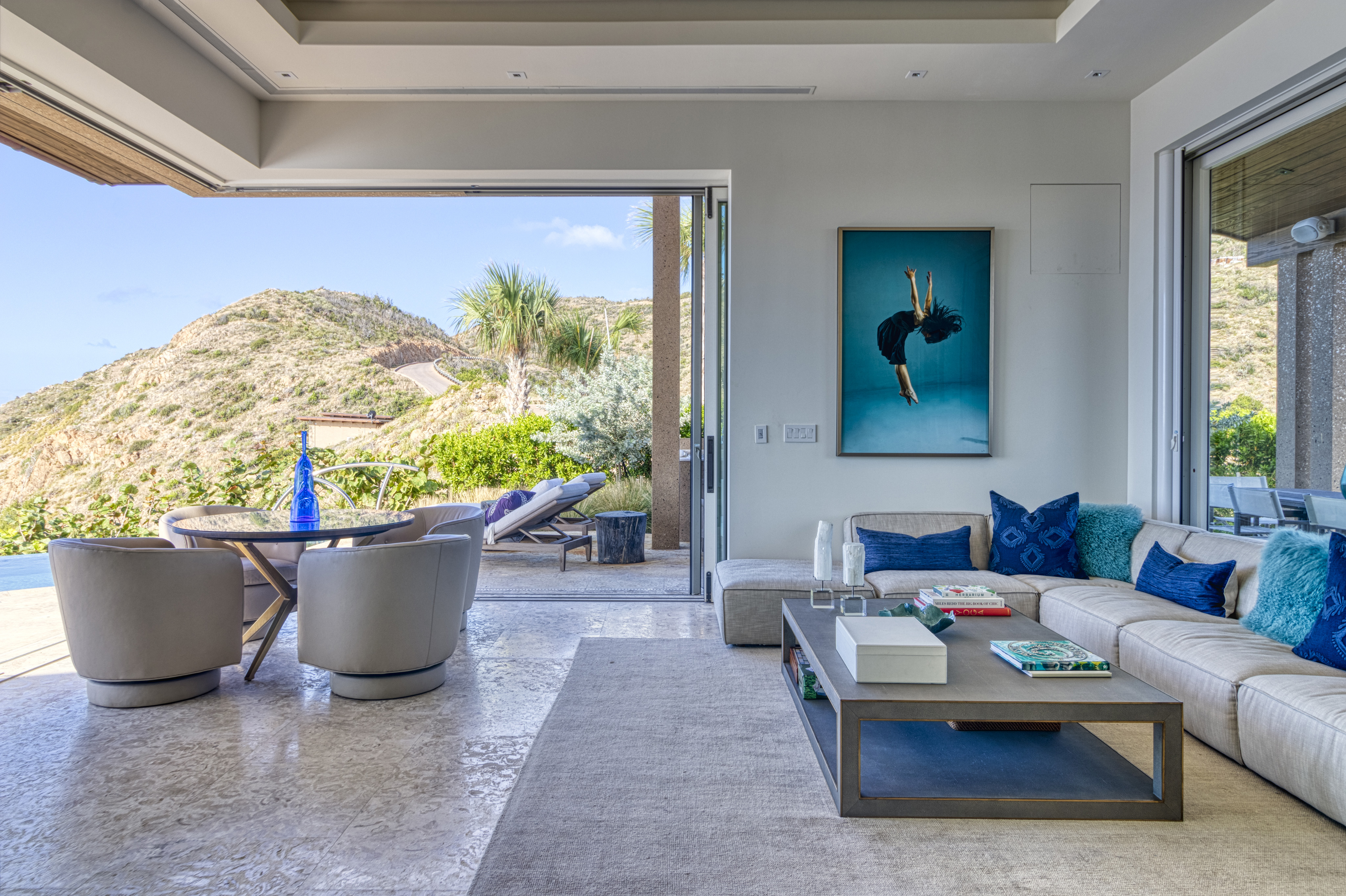 A spacious living room at Wild Side Villa boasts large glass doors opening to a scenic mountain view. The room features a beige sectional sofa with blue cushions, a modern rectangular coffee table, a round dining table with chairs, and a wall art piece depicting an upside-down diver.