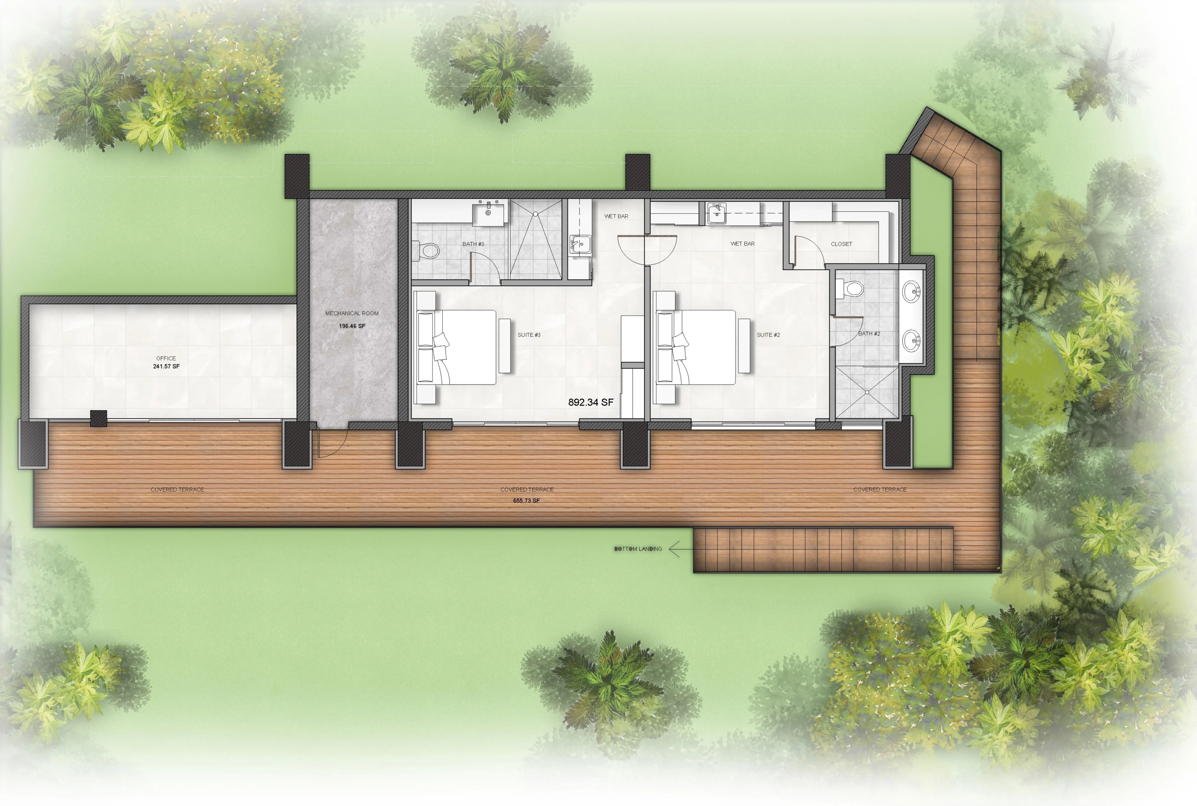 Architectural floor plan of a villa set in a lush green environment. It features a spacious wooden deck, two bedrooms, two bathrooms, a kitchen area, and a central living space, all connected by straight and curved pathways. Vegetation surrounds the structure.