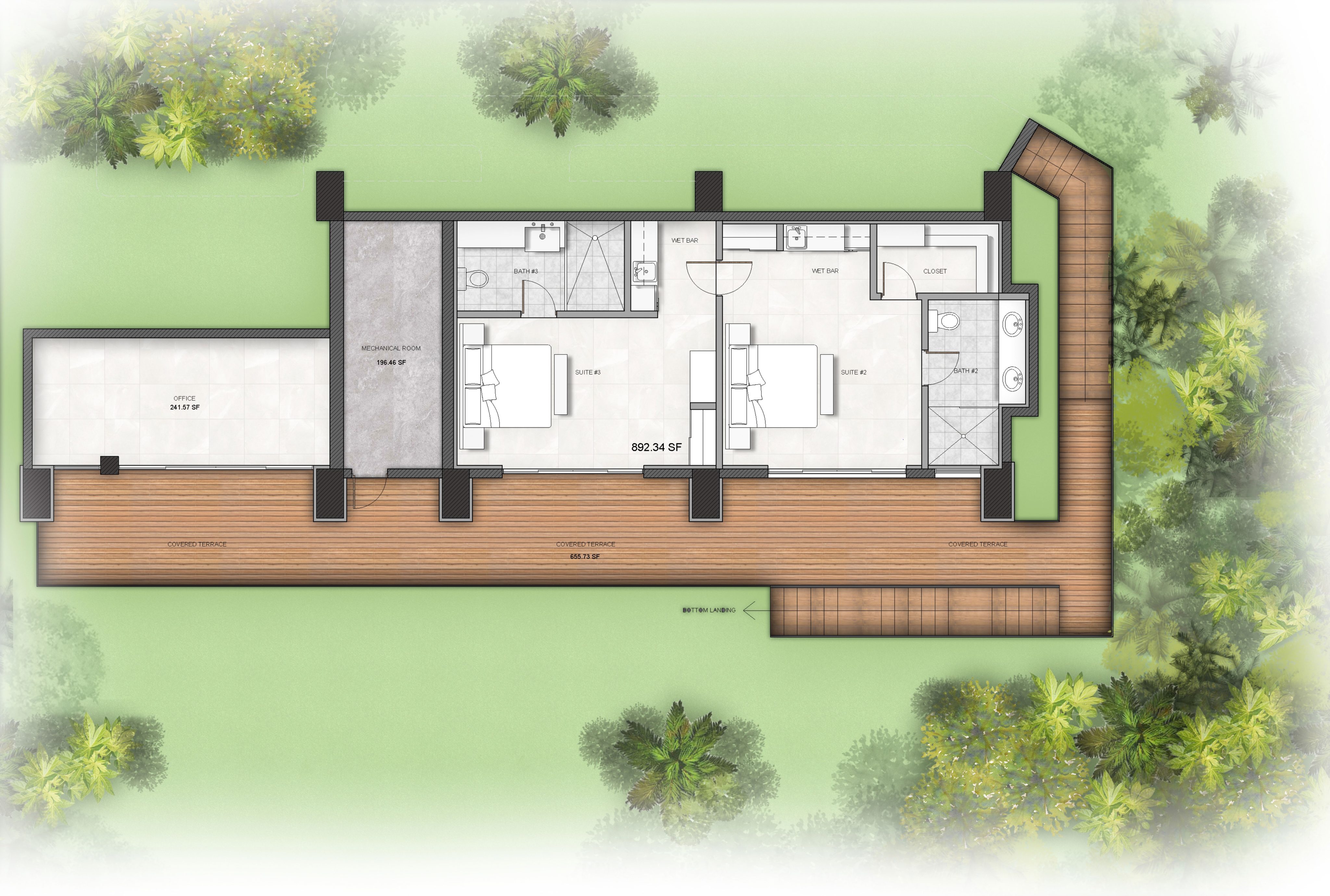 Architectural floor plan of a villa set in a lush green environment. It features a spacious wooden deck, two bedrooms, two bathrooms, a kitchen area, and a central living space, all connected by straight and curved pathways. Vegetation surrounds the structure.