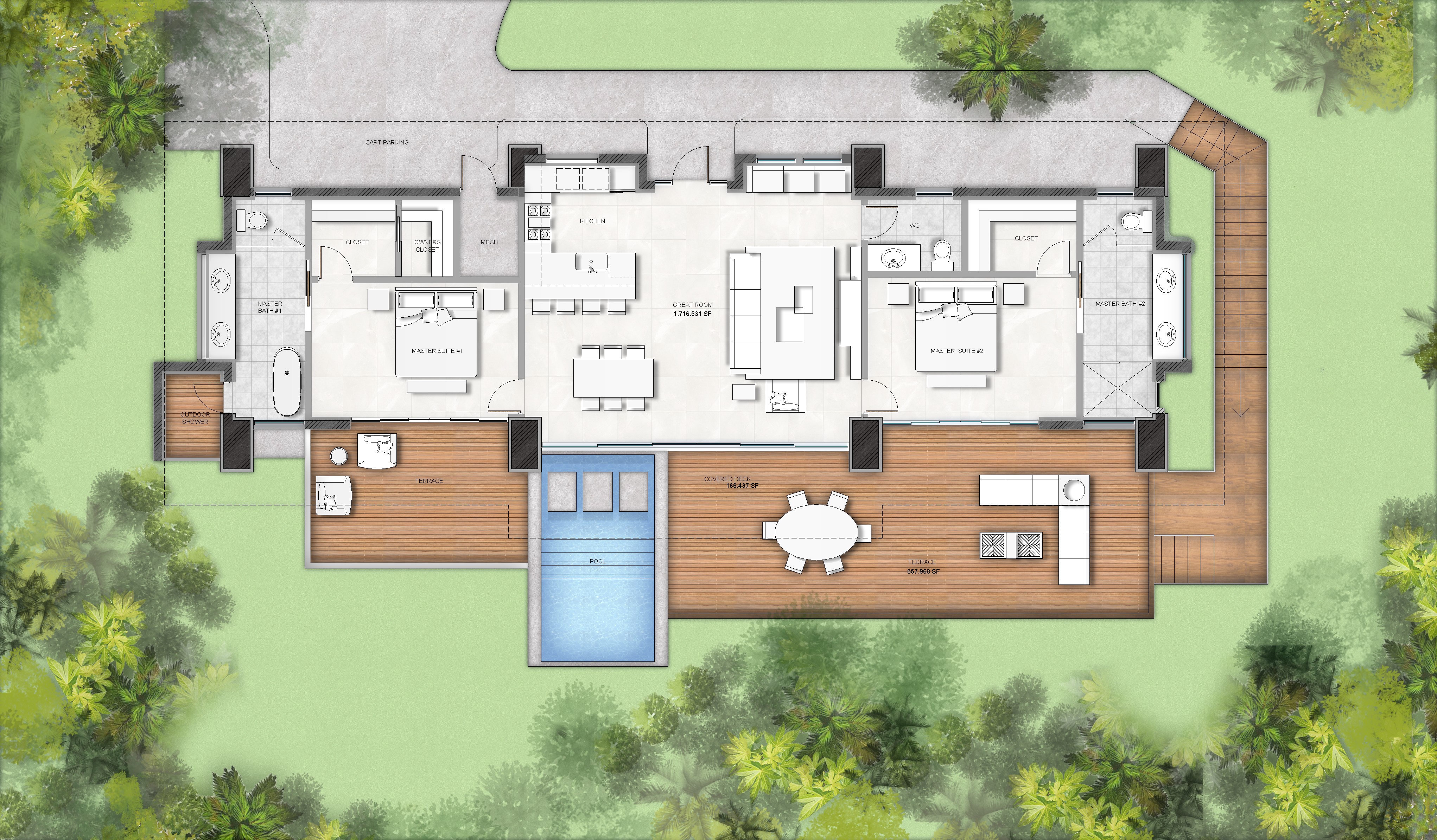 Architectural plan of a single-story villa with three bedrooms, three bathrooms, a kitchen, a living area, and a dining area. The layout includes an outdoor deck with a swimming pool surrounded by greenery. Enjoy the elegance of your own Amarone-inspired sanctuary.