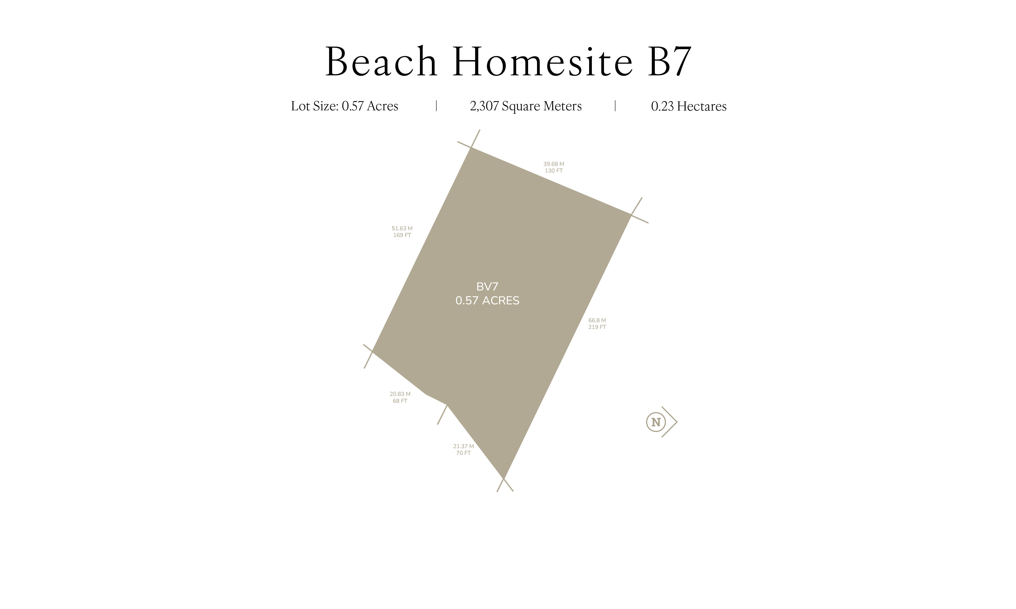 A map of Beach Homesite B7, perfect for a Beach House. The lot size spans 0.57 acres (2,307 square meters or 0.23 hectares). Irregularly shaped, the plot's corners are labeled north, east, south, and west. The map is oriented with north at the top.
