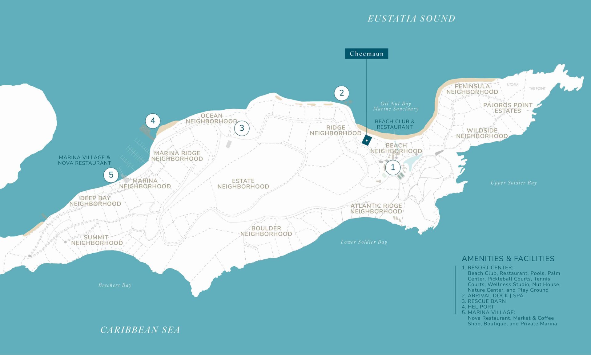 A detailed map of a tropical island highlighting neighborhoods and key amenities, including the Cheemaun Villa. The map features several beaches, a marina village, nine neighborhoods, and various facilities like pools, a spa, and restaurants, labeled with numbers and names for easy navigation.