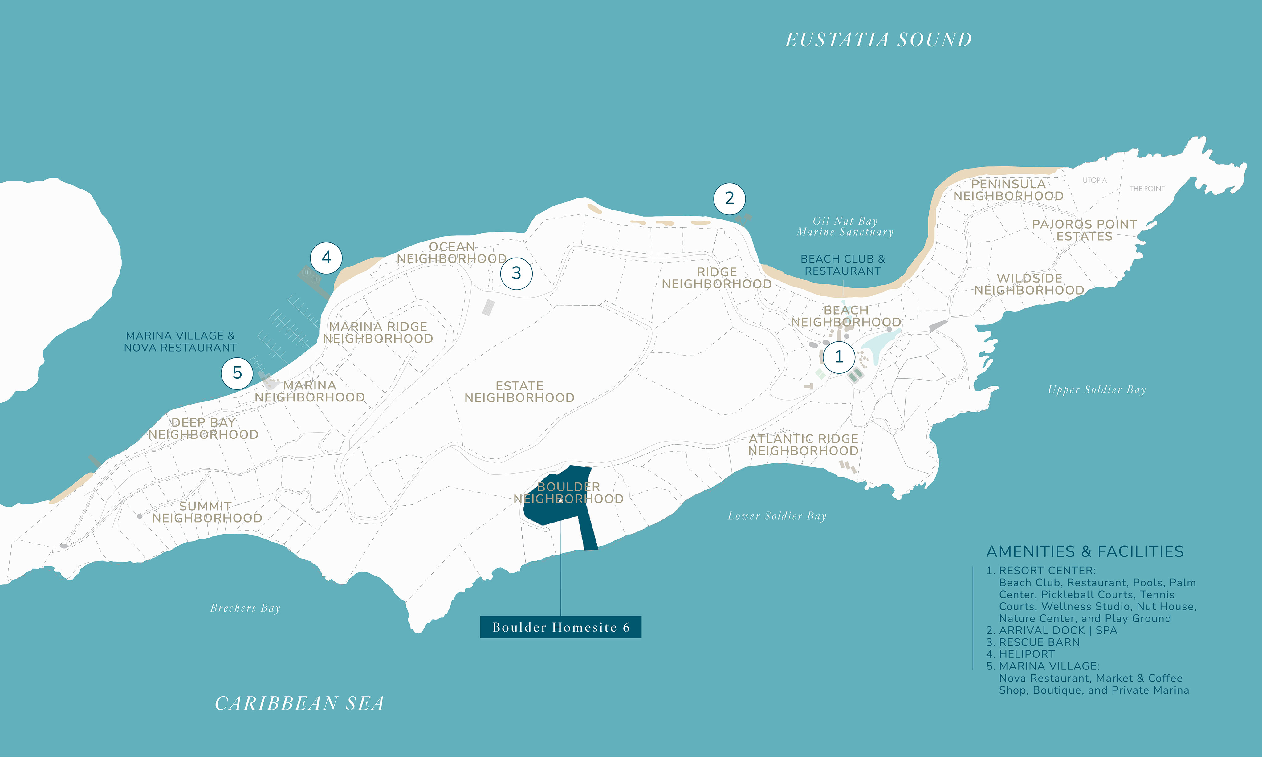 A map of Oil Nut Bay, Virgin Gorda indicating neighborhoods, roads, amenities, and facilities. Key locations include the Beach Club, Marina Village, and BL6 (Boulder Homesite 6). The map highlights the Caribbean Sea to the southwest and Eustatia Sound to the northeast.
