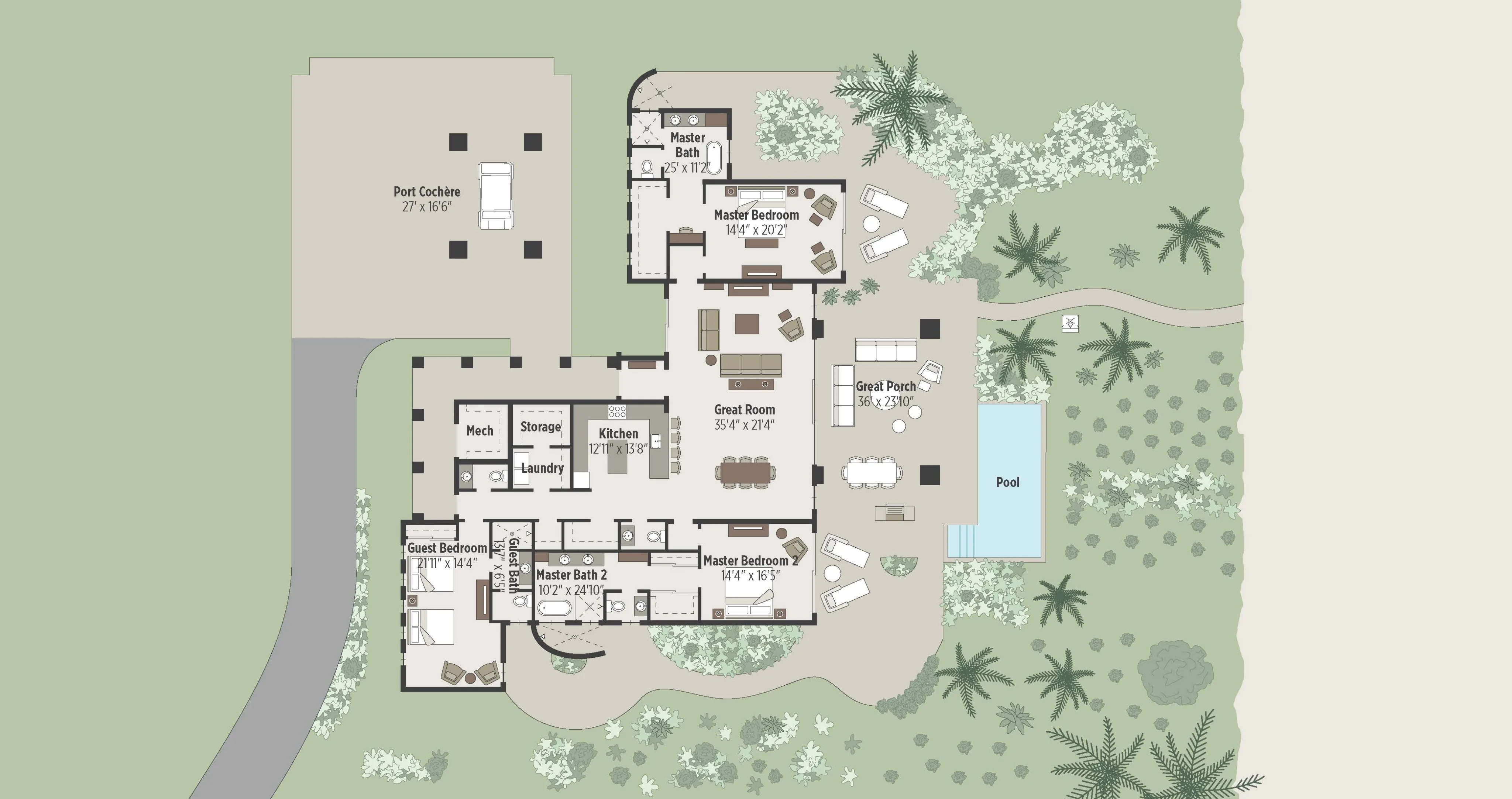 A detailed floor plan of Cheemaun Villa showcases a house with a pool and garden. The layout includes a port cochère, three bedrooms, a great room, kitchen, dining area, media room, two master bathrooms, two guest bathrooms, a study, and multiple outdoor lounging areas.