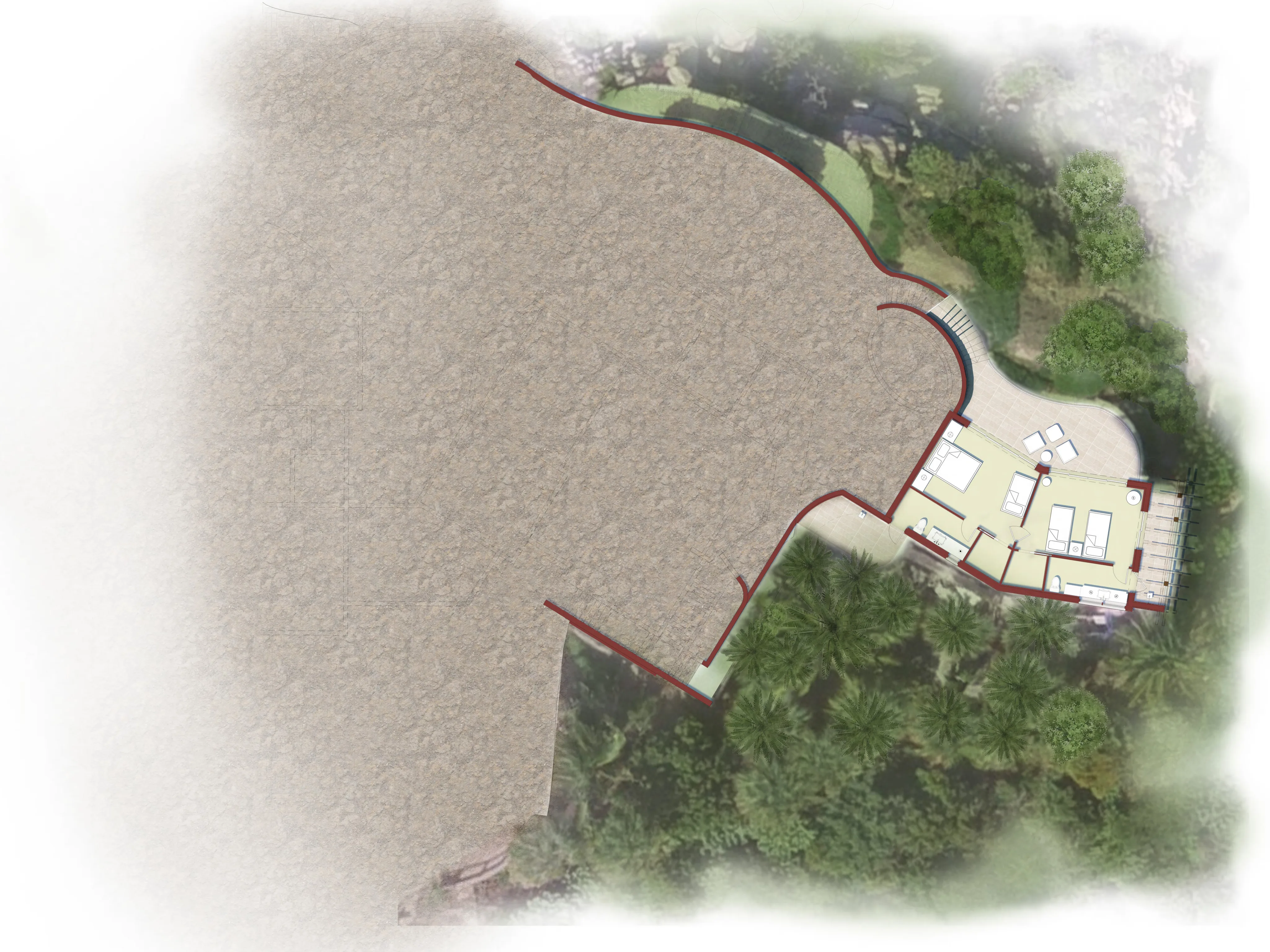 A top-down view of Compass Rose Villa's floor plan showcases a curved sandy beige area on the left and a greenery-filled garden with trees and bushes on the right. The villa features several rooms, some furnishings, and steps leading to the vibrant garden area.