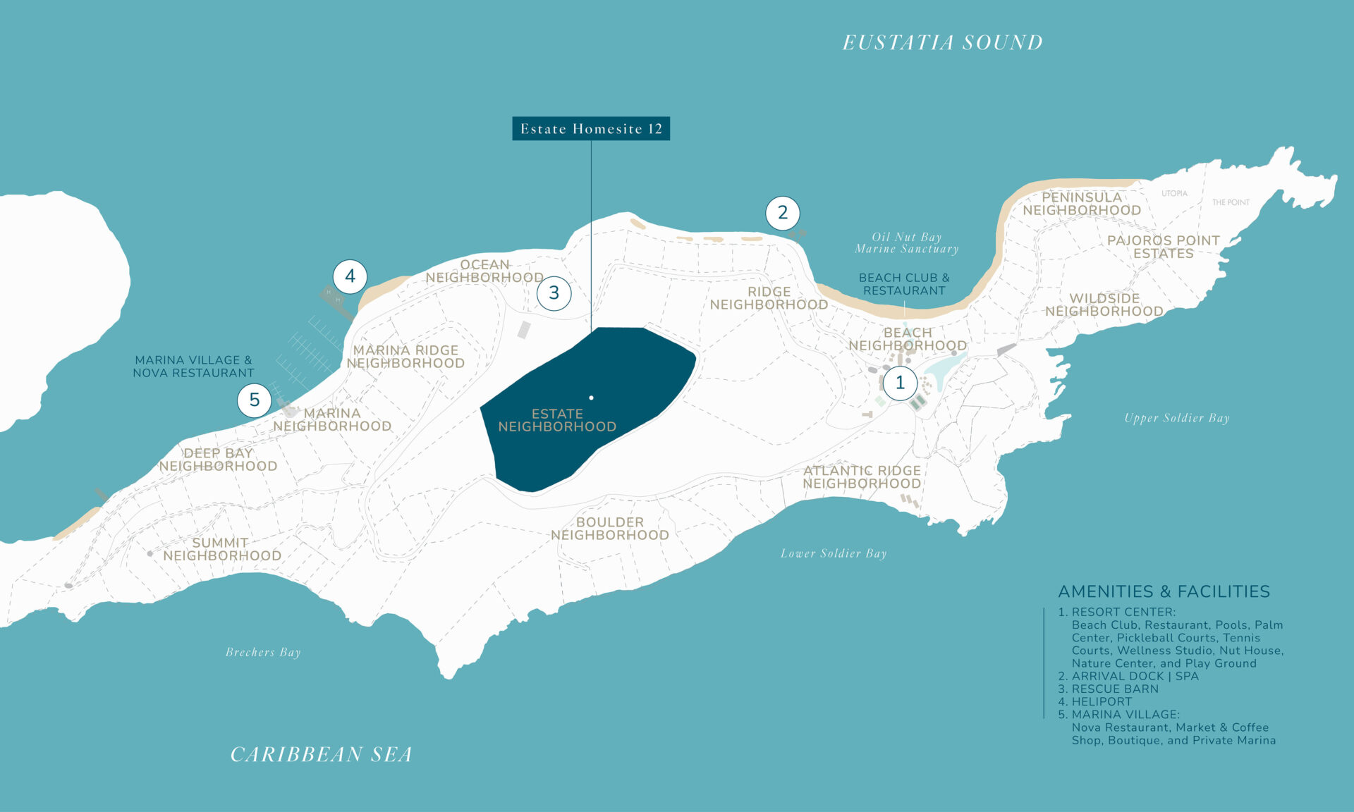 Map of a coastal area divided into eight neighborhoods, each labeled and marked with numbers. An arrow points to "Estate Homesite 12" in the "Estate Neighborhood." Water bodies, amenities such as restaurants and marinas, and captions for each neighborhood surround the mapped area.