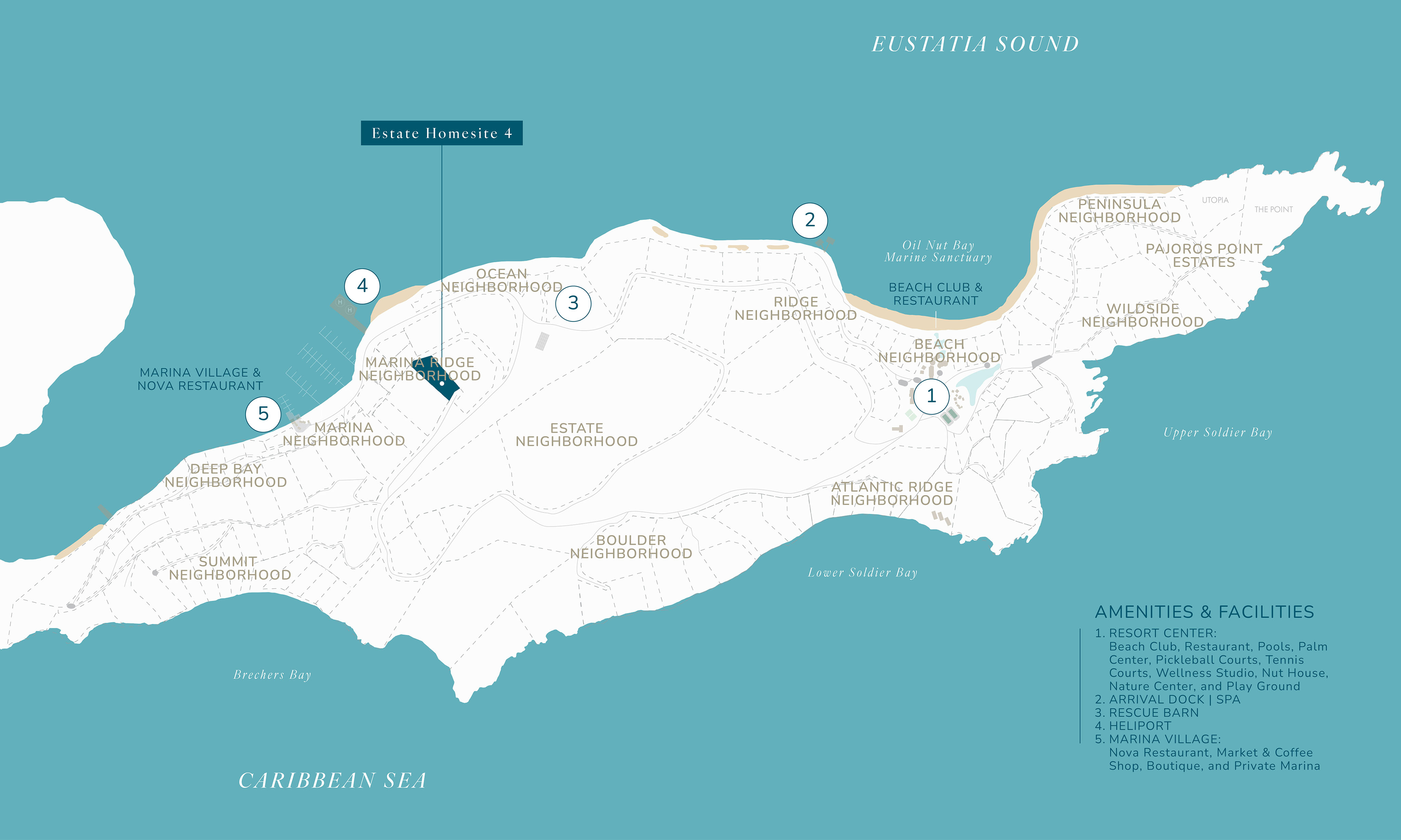 Map of the property with labeled neighborhoods and amenities, including Marina Village, Oceano Neighborhood, Ridge Neighborhood, and various attractions like Port Nelson, Beach Club and Restaurant, resort activities, private marinas, and the exclusive E4 Estate Homesite.