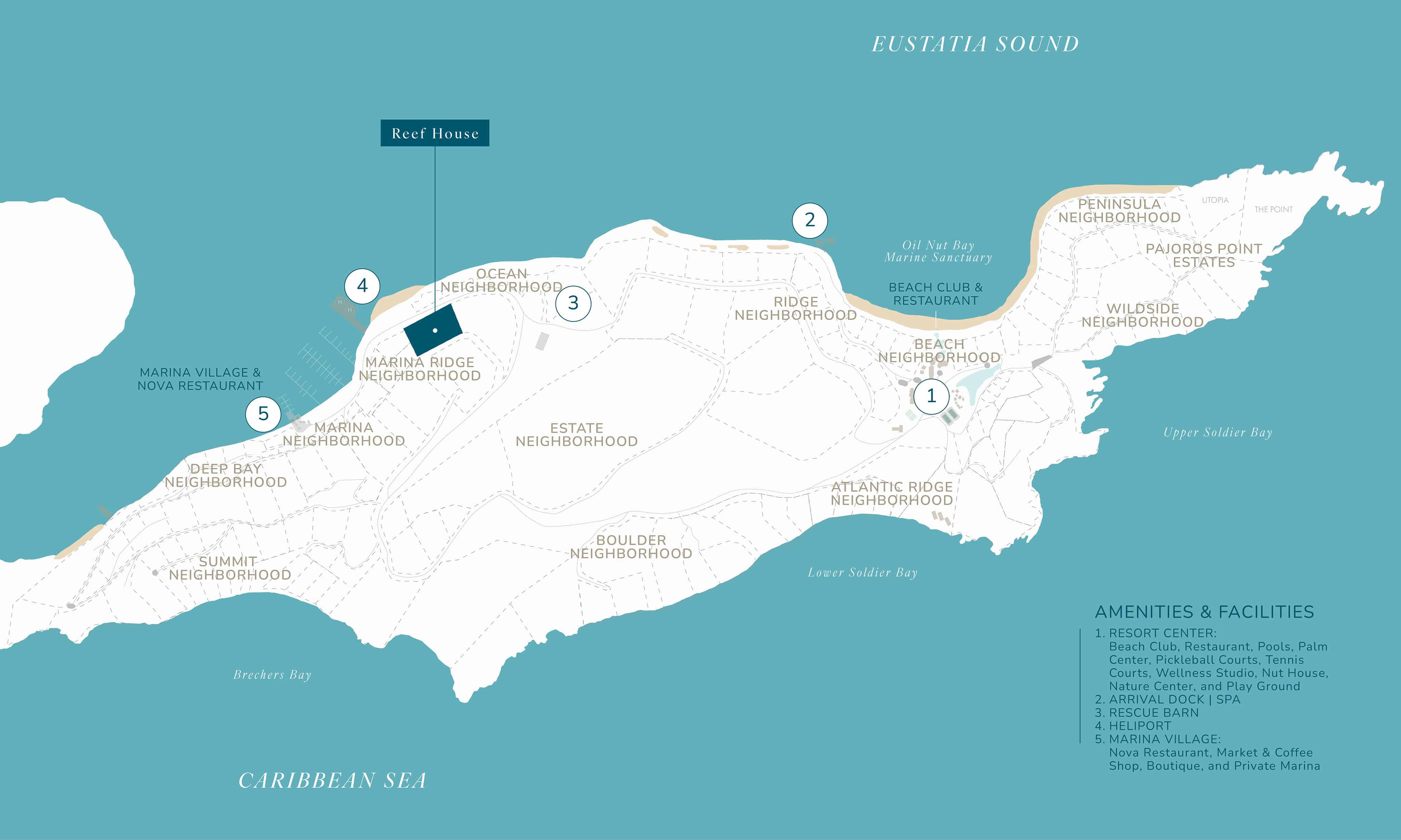 A map of Oil Nut Bay on Virgin Gorda, showing the Peninsula, Wildside, and Atlantic Ridge neighborhoods. Key locations include Reef House, Marina Village, Beach Club Restaurant, and Deep Bay. Amenities listed include a market, coffee shop, and sports areas. Discover the vibrant marine life at the reef nearby.