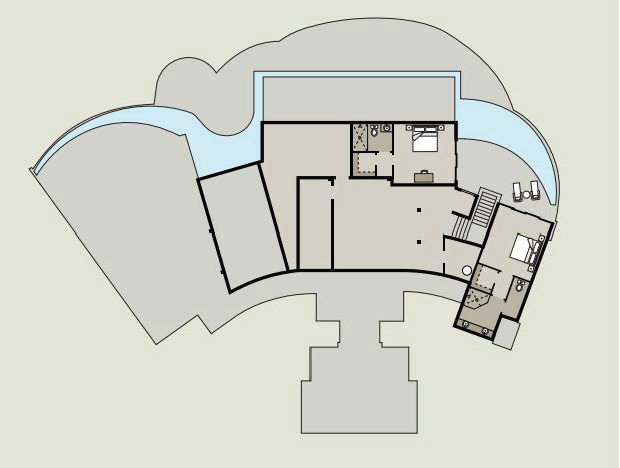A floor plan of the Edge of Paradise Villa depicts a house with multiple rooms, including two bedrooms, two bathrooms, a kitchen, and living spaces. The layout shows staircases, a curved exterior wall, and a surrounding outdoor area, possibly a garden or yard with a walkway.