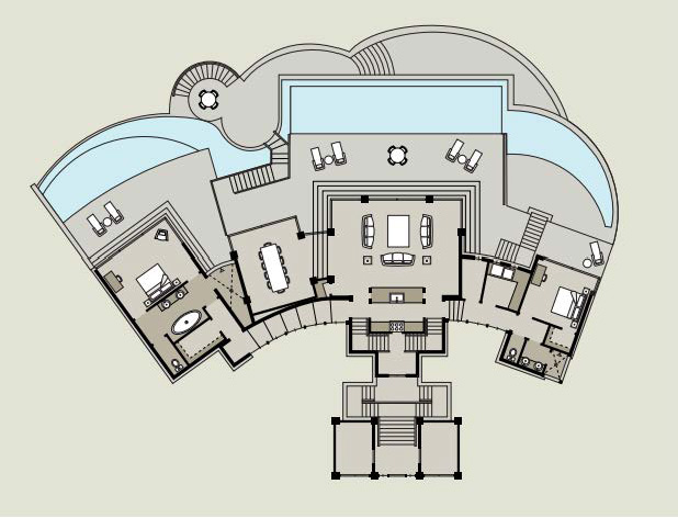 A floor plan of Paradise Villa features multiple rooms, including a central living room, two symmetrical bedrooms with attached bathrooms, a large central outdoor pool area at the top, and curved patios on both sides. The entrance is at the bottom with steps leading up to this Edge of Paradise.