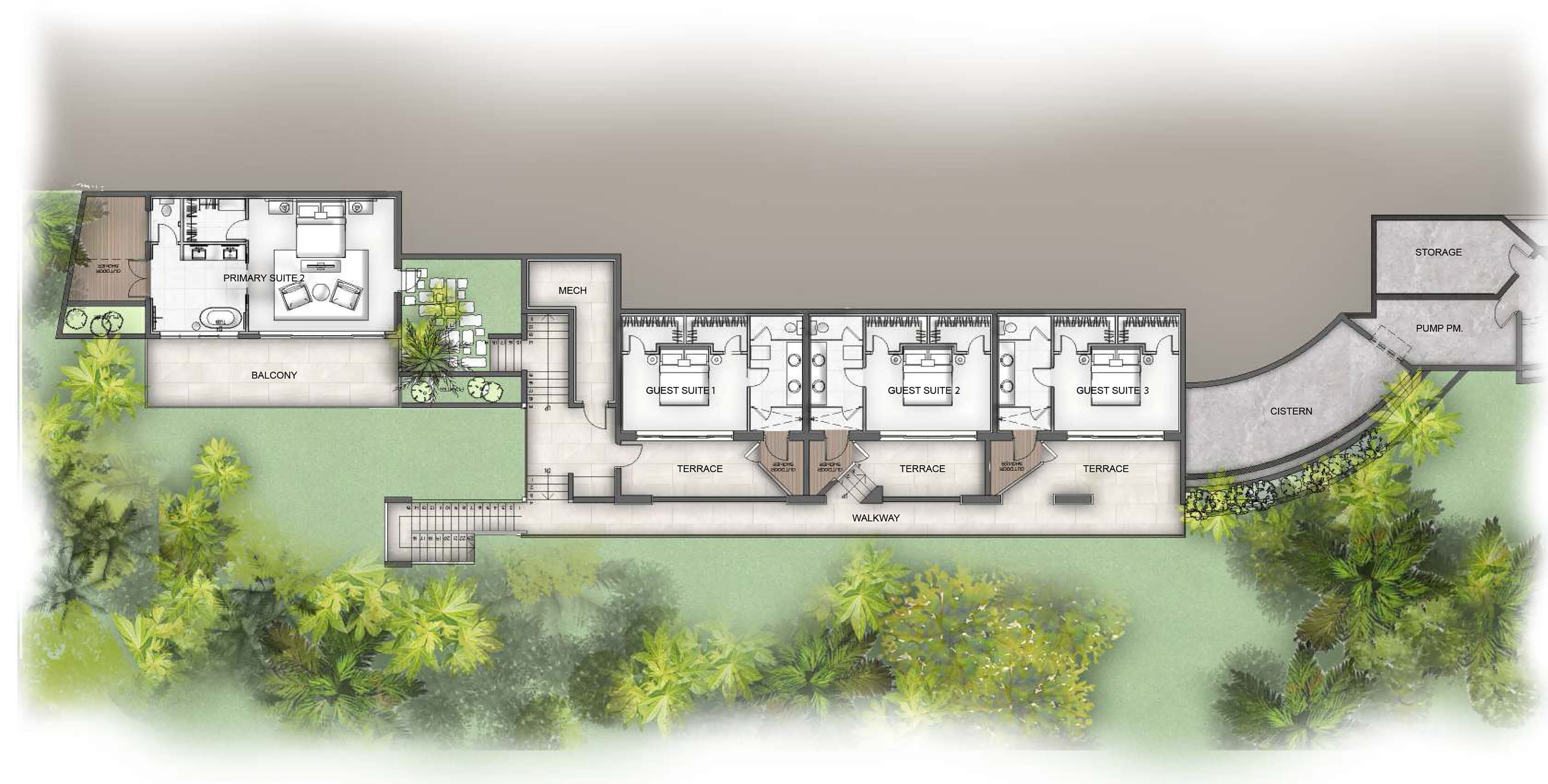 Discover the floor plan of Villa Maronti, where guest suites with private bathrooms connect to a terrace and balcony. Additional rooms include a pump room, pantry, and storage—all surrounded by lush landscaped greenery. Perfect for a serene villa rental near Maronti Beach.