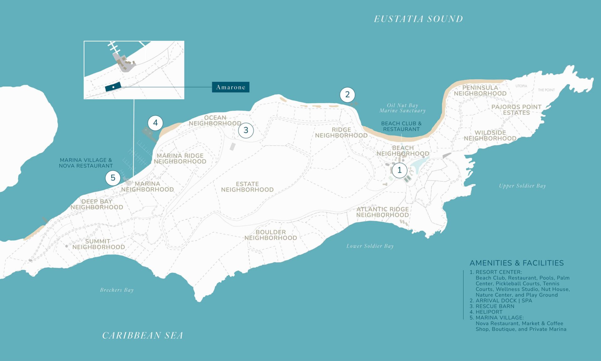 Map of a coastal area with neighborhoods and amenities labeled, bordered by the Caribbean Sea and Eustatia Sound. Points of interest marked include a marina, restaurants, a beach club, and private villas like Villa Amarone. Inset map shows the precise location of the marina.