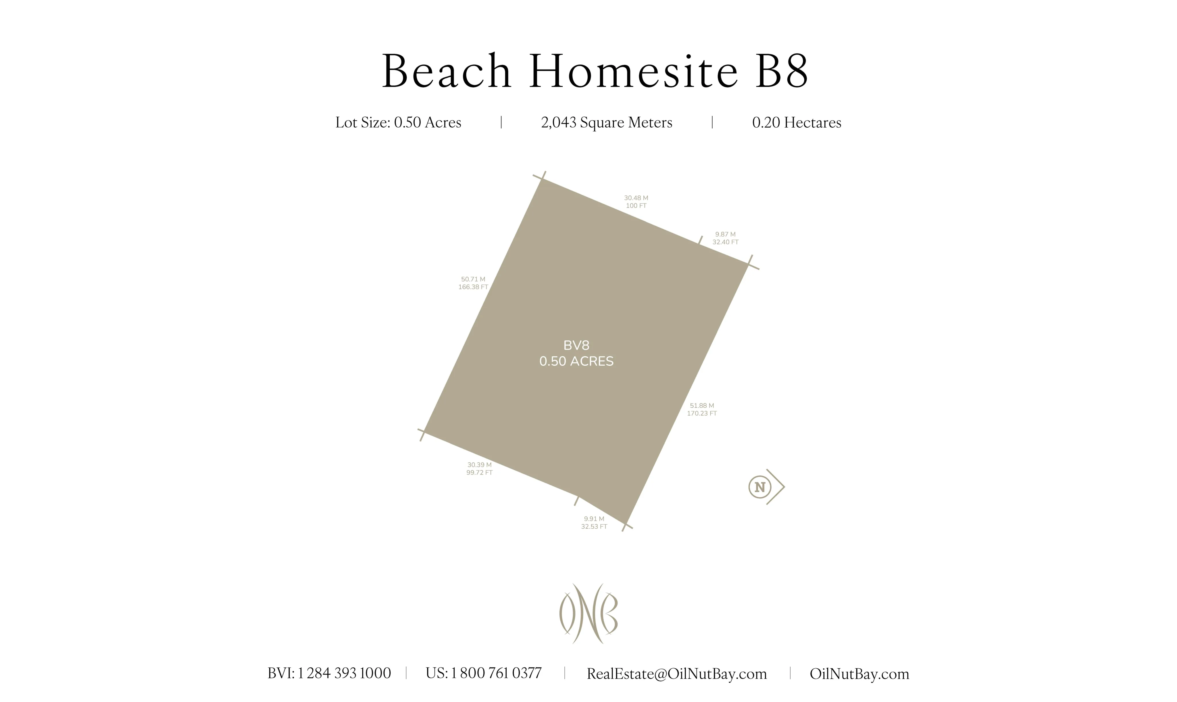 Diagram of Cheemaun Villa beach homesite labeled B8, showcasing a lot size of 0.50 acres, 2,043 square meters, and 0.20 hectares. Includes contact details for Real Estate at OilNutBay.com and phone numbers.