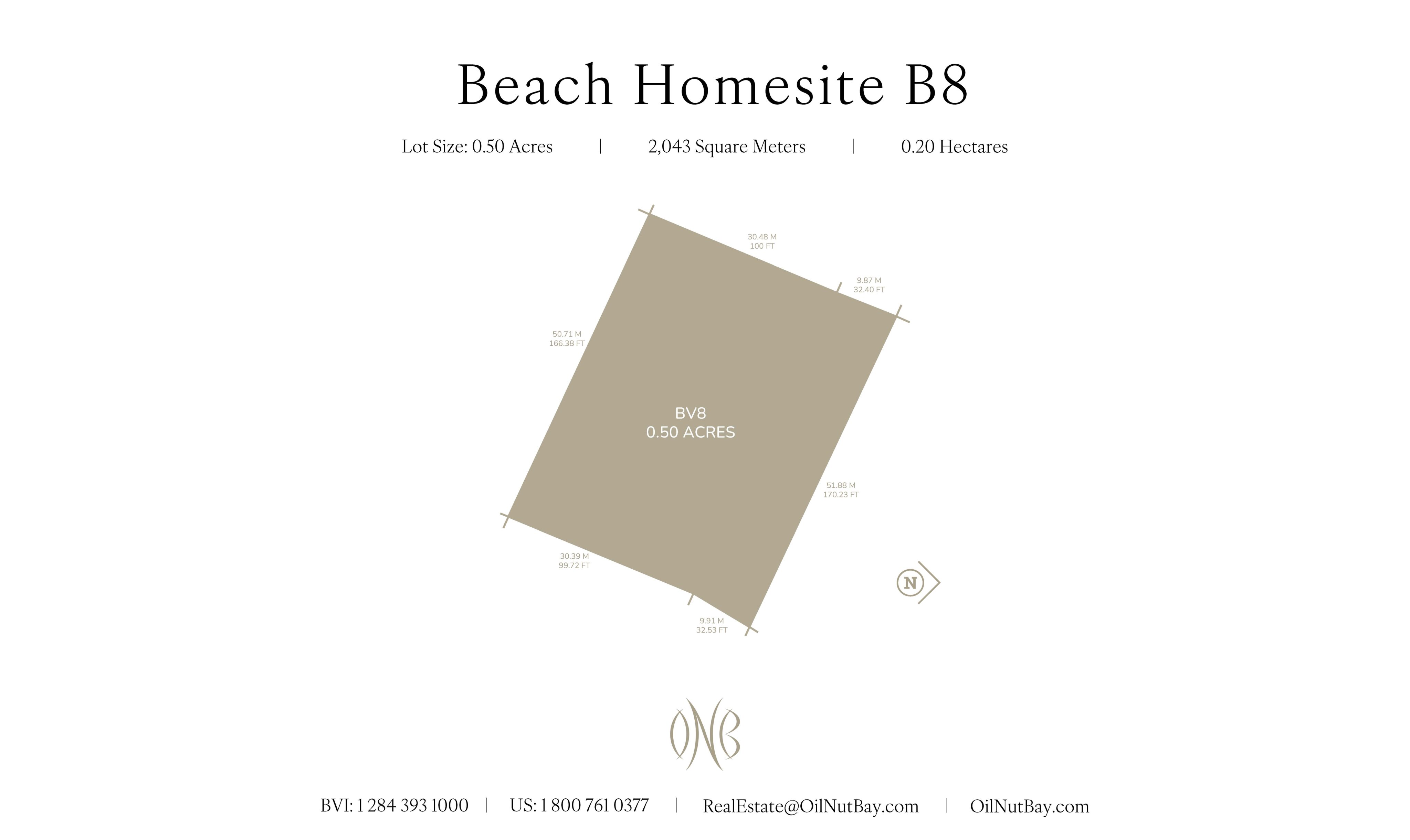 Diagram of Cheemaun Villa beach homesite labeled B8, showcasing a lot size of 0.50 acres, 2,043 square meters, and 0.20 hectares. Includes contact details for Real Estate at OilNutBay.com and phone numbers.