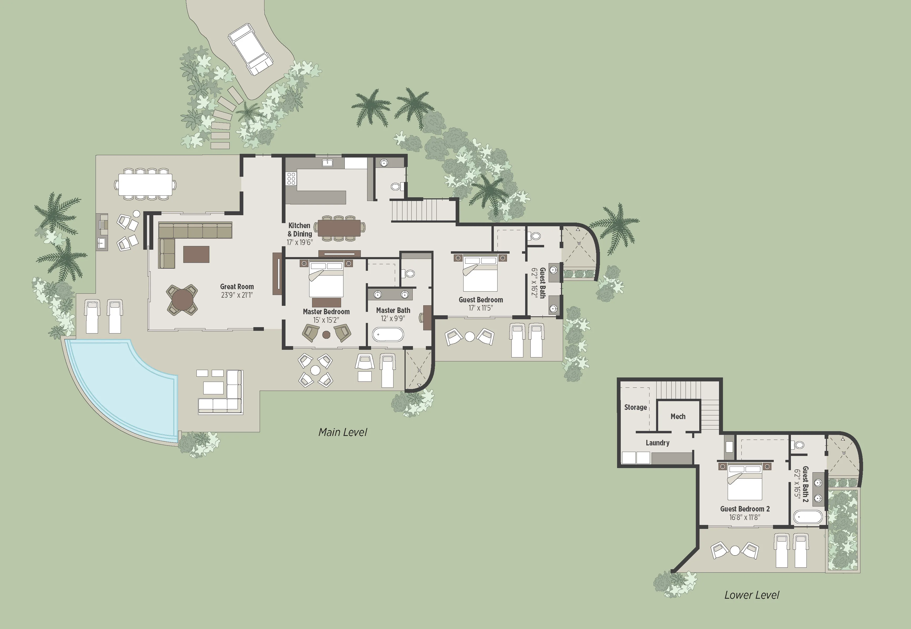 Architectural floor plan of the Wild Side Villa, a luxurious two-level house. The main level includes a kitchen, dining area, living room with a piano, Master Bedroom with bathroom, and two guest bedrooms. The lower level features another guest bedroom with bathroom, storage, and laundry area. There's an outdoor pool surrounded by greenery.