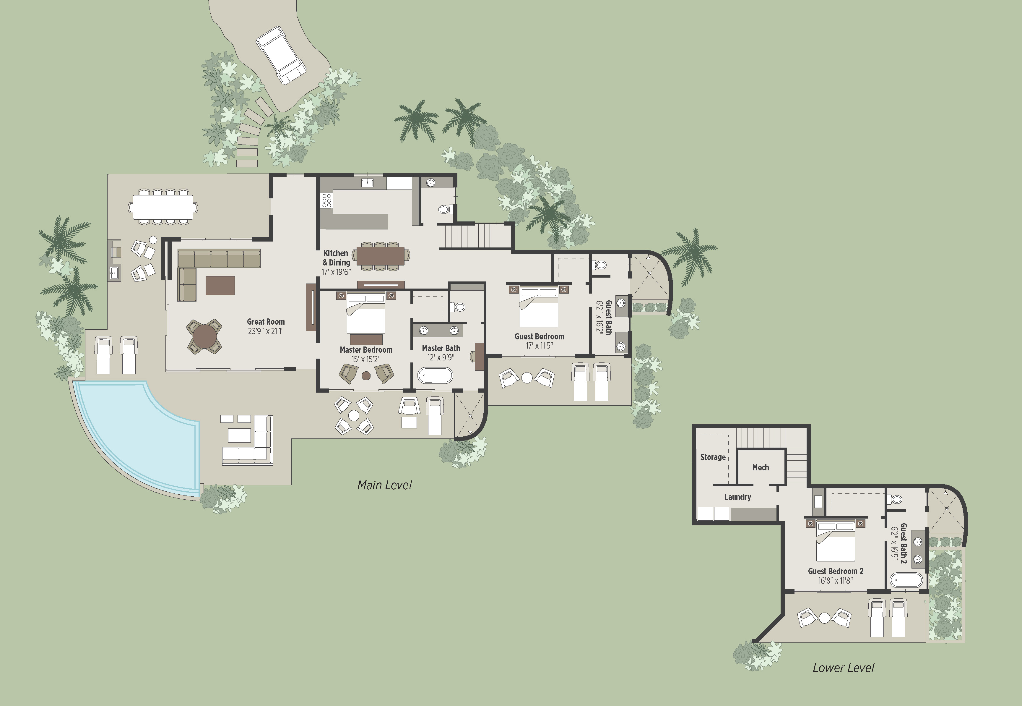Architectural floor plan of the Wild Side Villa, a luxurious two-level house. The main level includes a kitchen, dining area, living room with a piano, Master Bedroom with bathroom, and two guest bedrooms. The lower level features another guest bedroom with bathroom, storage, and laundry area. There's an outdoor pool surrounded by greenery.