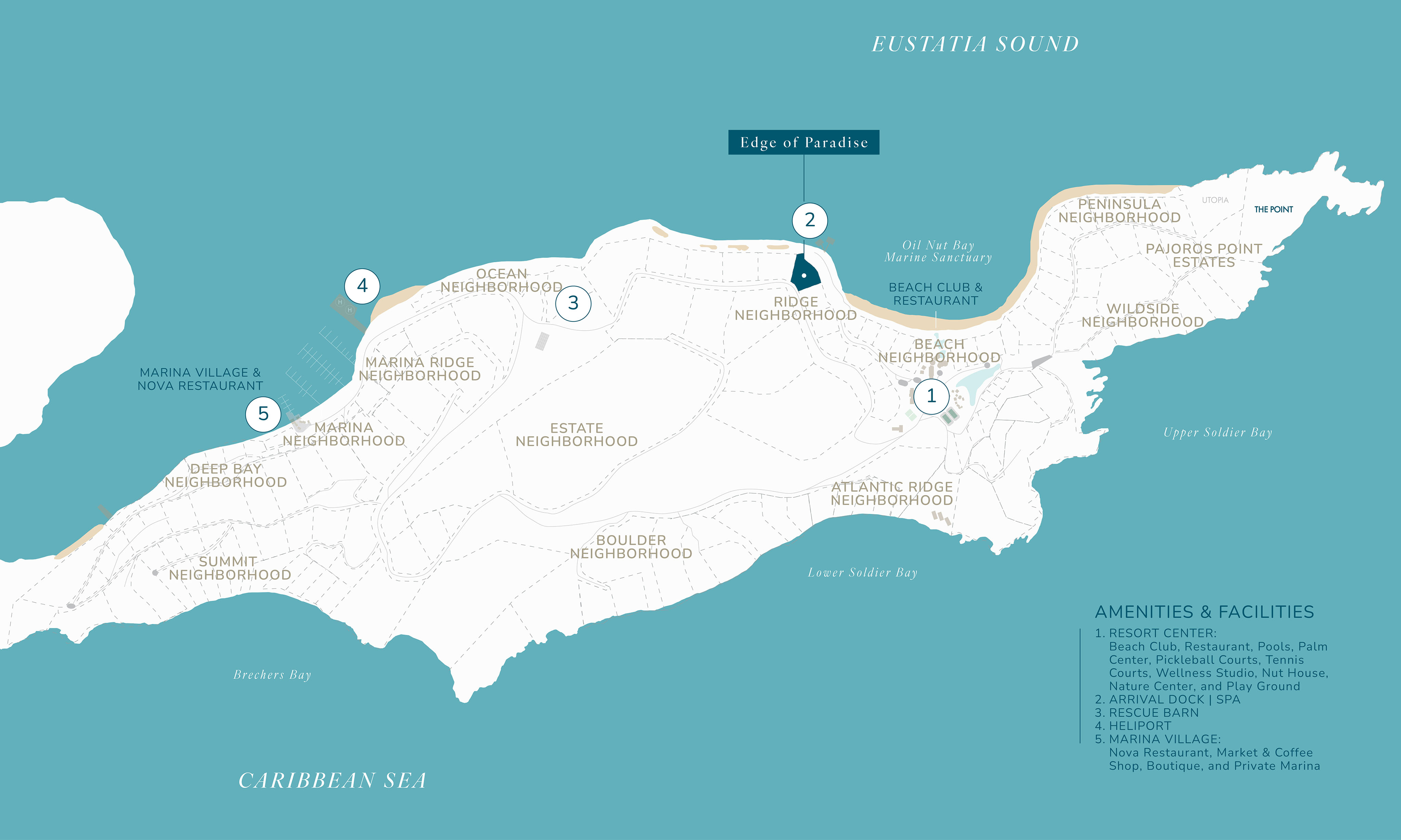 Illustrated map of a coastal region with neighborhoods labeled as Peninsula, Wildside, Cooke Lookout Villa, Beach, Atlantic Ridge, Atlantic Bay, Marina, Ocean Estate, and Bluffship. Key amenities include restaurants, shops, pools, a club house and spa facility along with a private marina.