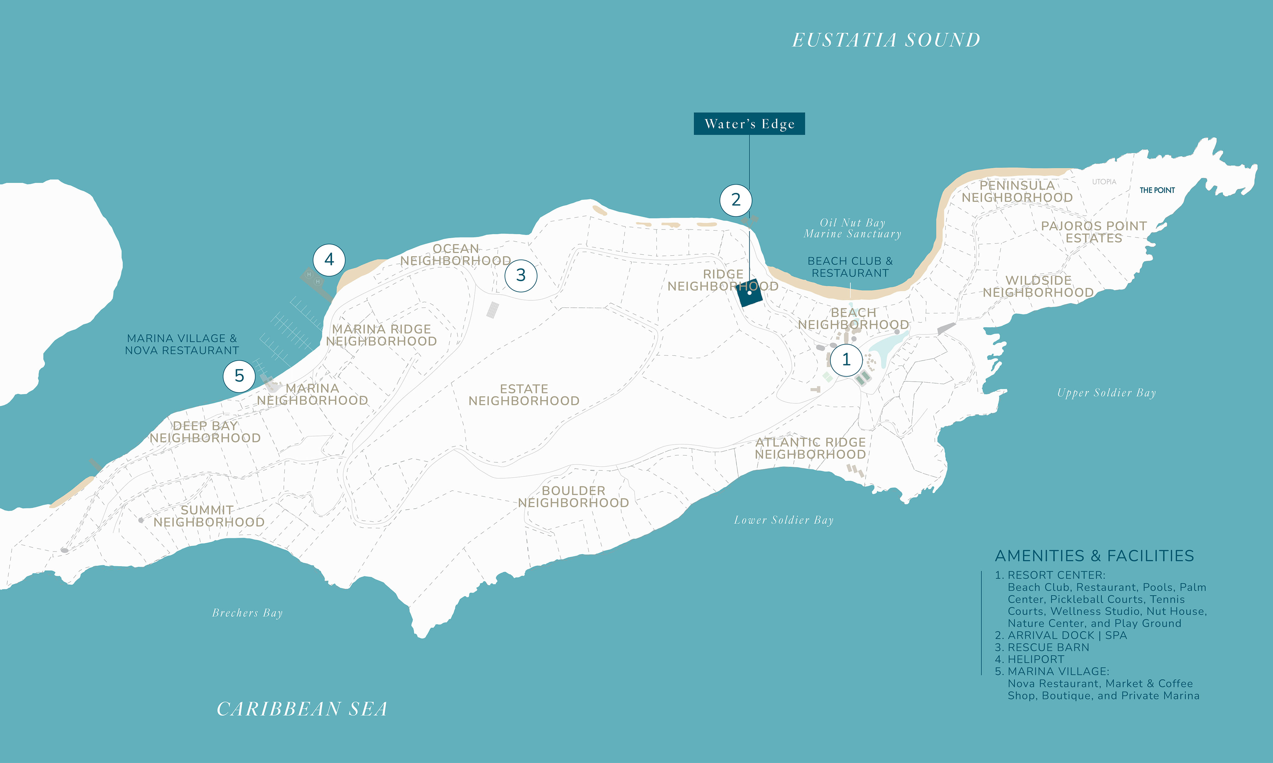 A map of a coastal area with various neighborhoods and facilities labeled. Key locations include Estate Neighborhood, Beach Neighborhood, Water's Edge, Beach Club & Restaurant, Ocean Neighborhood, and Atlantic Ridge Neighborhood. Villa Lookout offers stunning views. Annotation overlays list amenities and facilities.