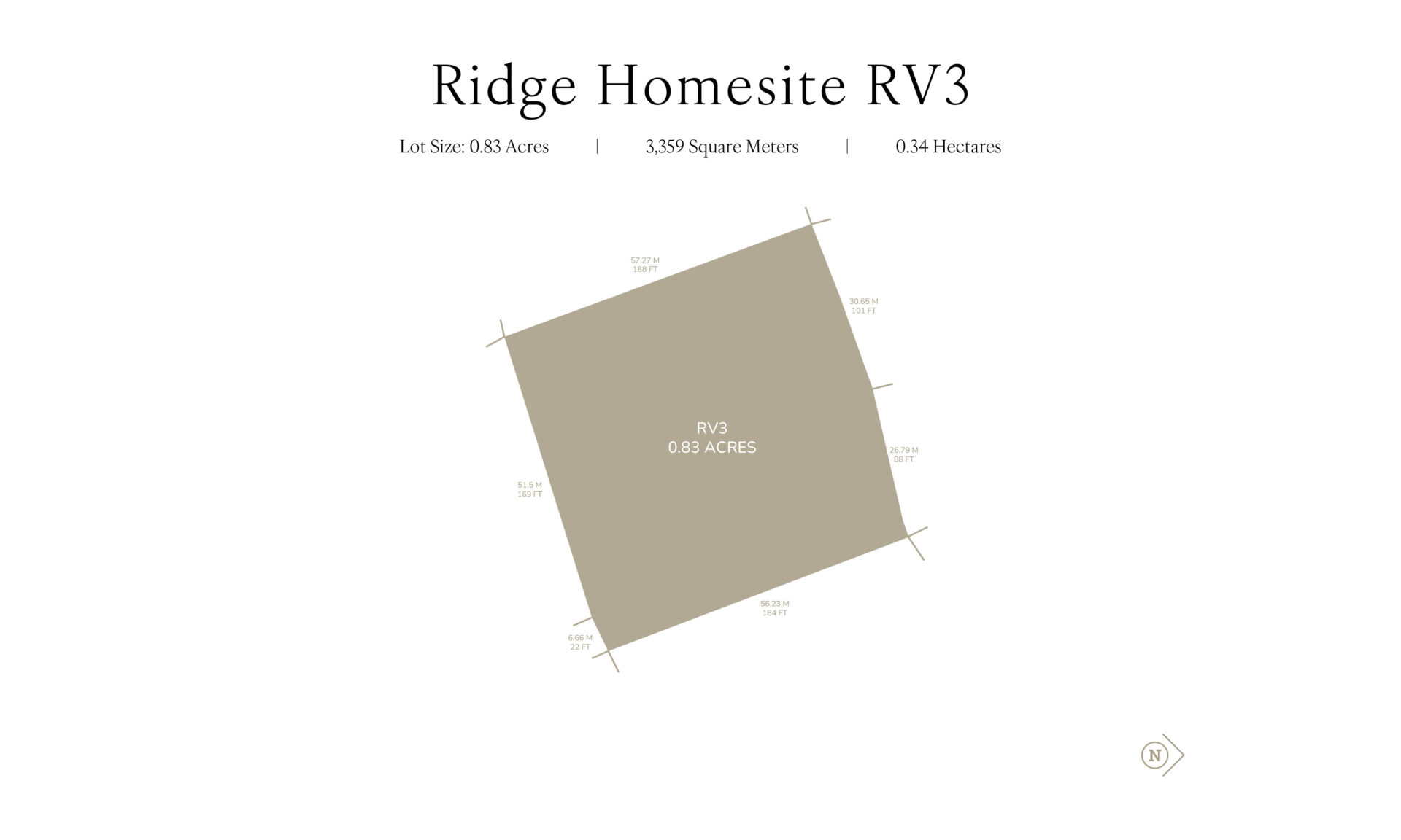 Diagram showing Ridge Homesite RV3, labeled as RV3 with an area of 0.83 acres. Additional details include Lot Size: 0.83 Acres, 3,359 Square Meters, and 0.34 Hectares. Ideal for a Water's Edge Villa, the homesite is depicted as a quadrilateral with specified side lengths and corner angles.