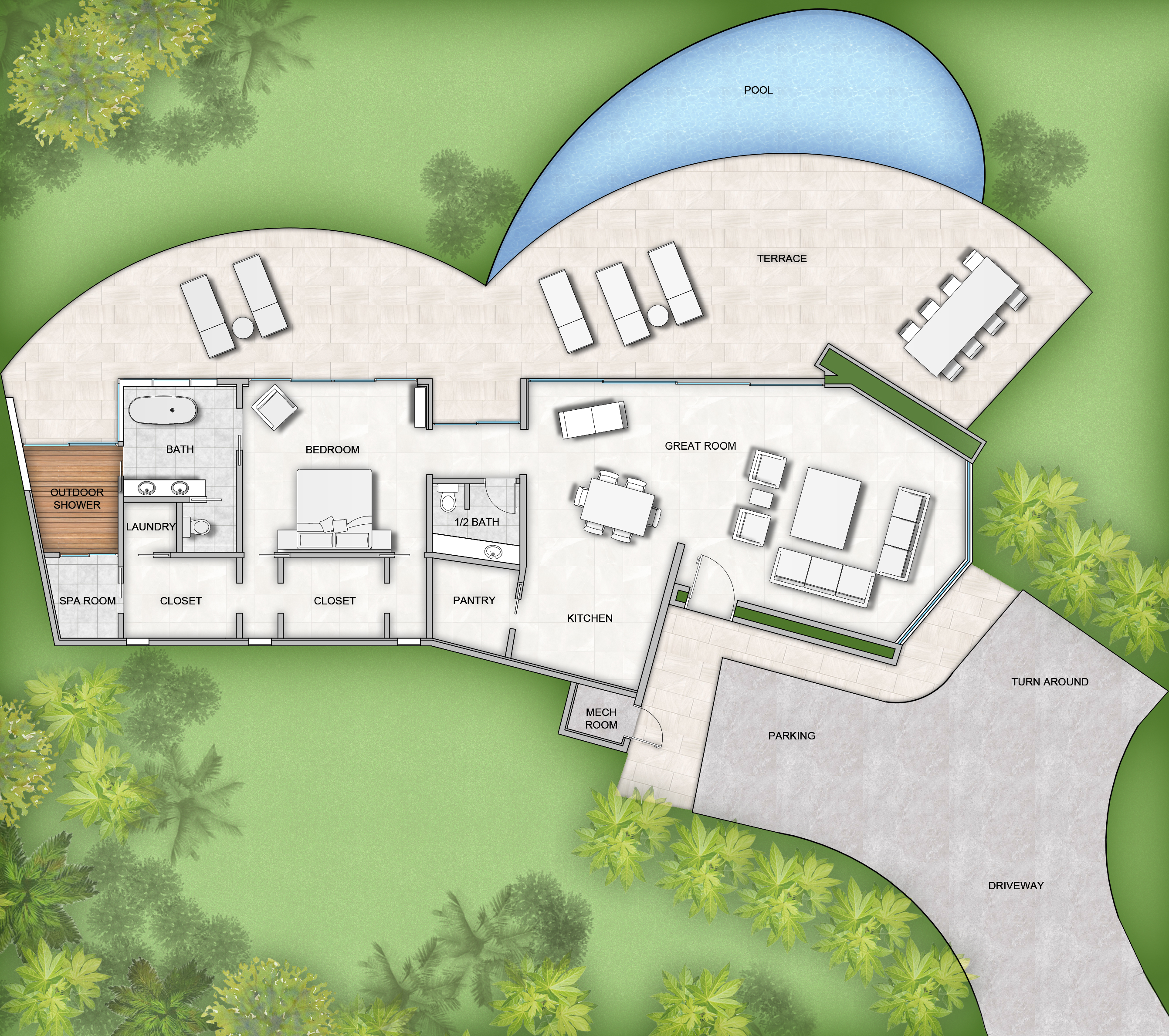 Rainbow Villa boasts a floor plan featuring a bedroom, great room, bathroom, half bath, kitchen, pantry, and closet. Outdoor areas include a terrace with seating, pool, spa room with outdoor shower, and parking with driveway and turnaround. Trees surround the property.